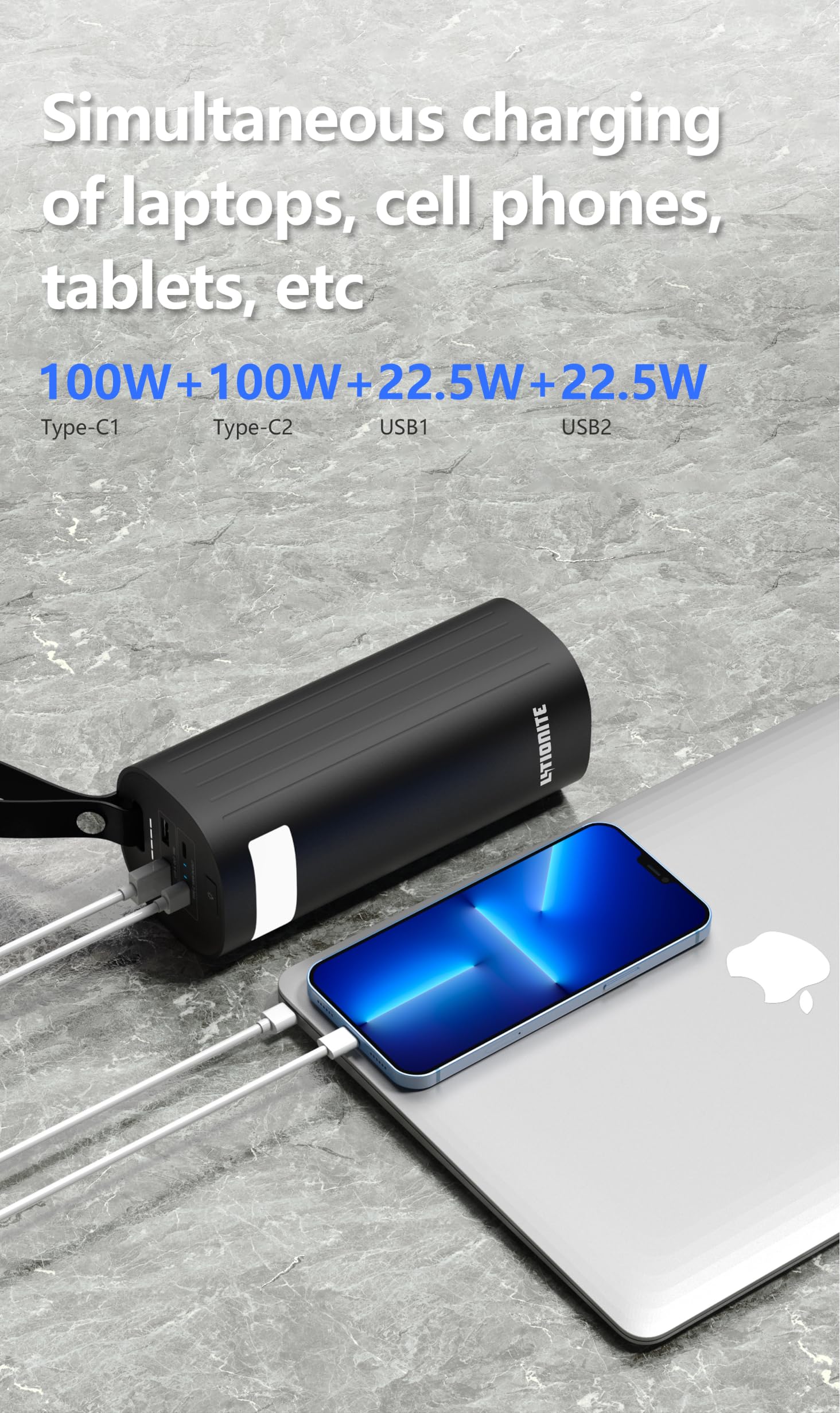 LITIONITE Titan 200W / 60.000mAh Power Bank z nową technologią LiFePO4 do 3000 cykli - Podwójne złącze USB-C PD3.0 - Latarka LED - Przenośny zewnętrzny akumulator do laptopa/MacBook/Surface/PC/Drona