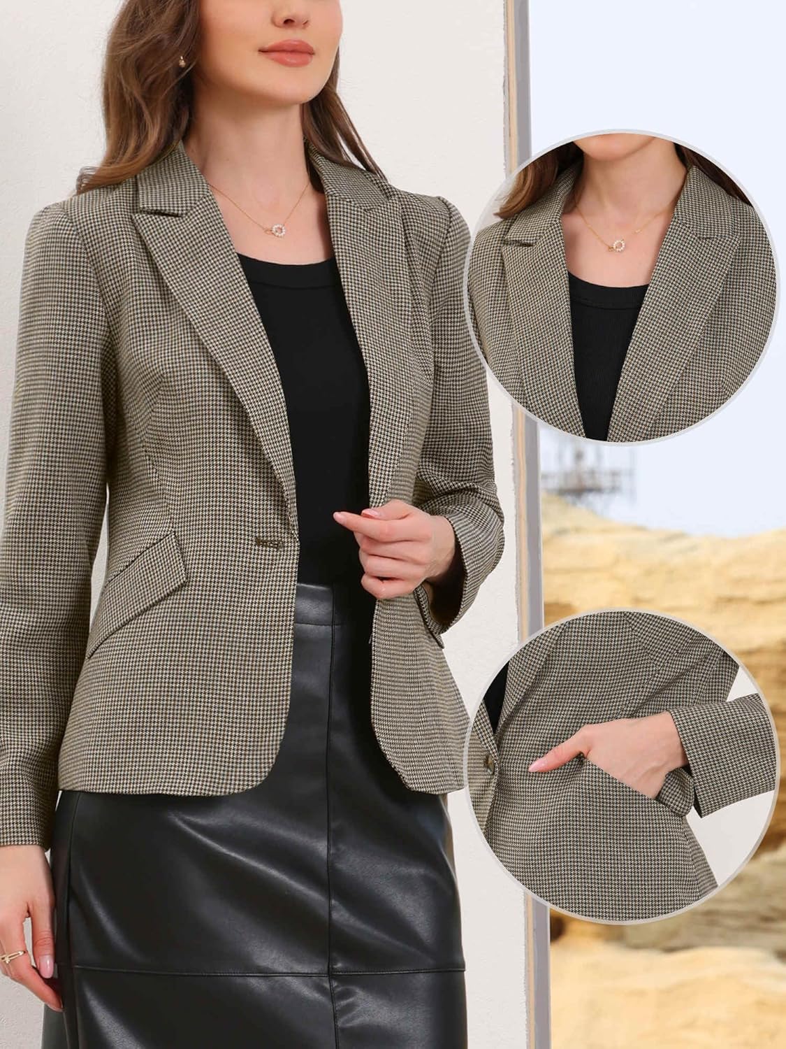 Allegra K Plaid Business Blazer for Women's Houndstooth Lapel Collar One Button Work Office Suit Jacket - Image 2