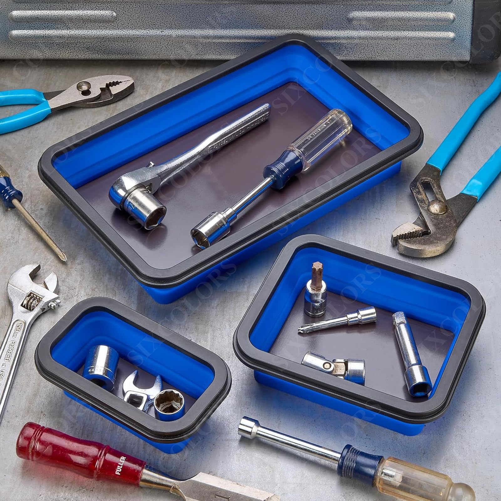 3-tlg Blau Faltbares Magnetschale Set, Geeignet für die Aufbewahrung von Schraubenschlüsseln, Bolzen, Schrauben, Muttern, Unterlegscheiben und anderen Wartungswerkzeugen Werkstattzubehör