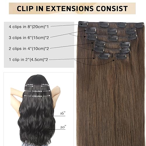 Miniatura 4 de Extensiones de cabello humano real con pinzas, extensiones invisibles de cabello castaño chocolate con clip, extensiones de cabello lacio Remy