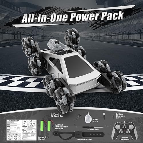 Miniatura 7 de Coche de acrobacias RC de 8 ruedas con control de gestos, rociador y luces LED, control remoto con detección de gestos para niños de 6, 7, 8 a 12,