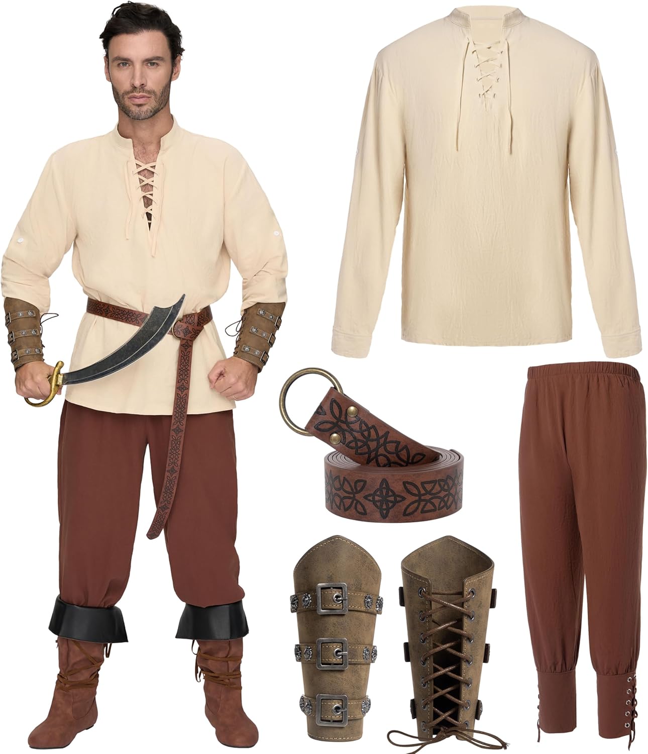 Spooktacular Creations Halloween Mens Renaissance Costume, Medieval Costume Men Set, Pirate Shirt Viking Ankle Banded Pants Dark Red X-Large