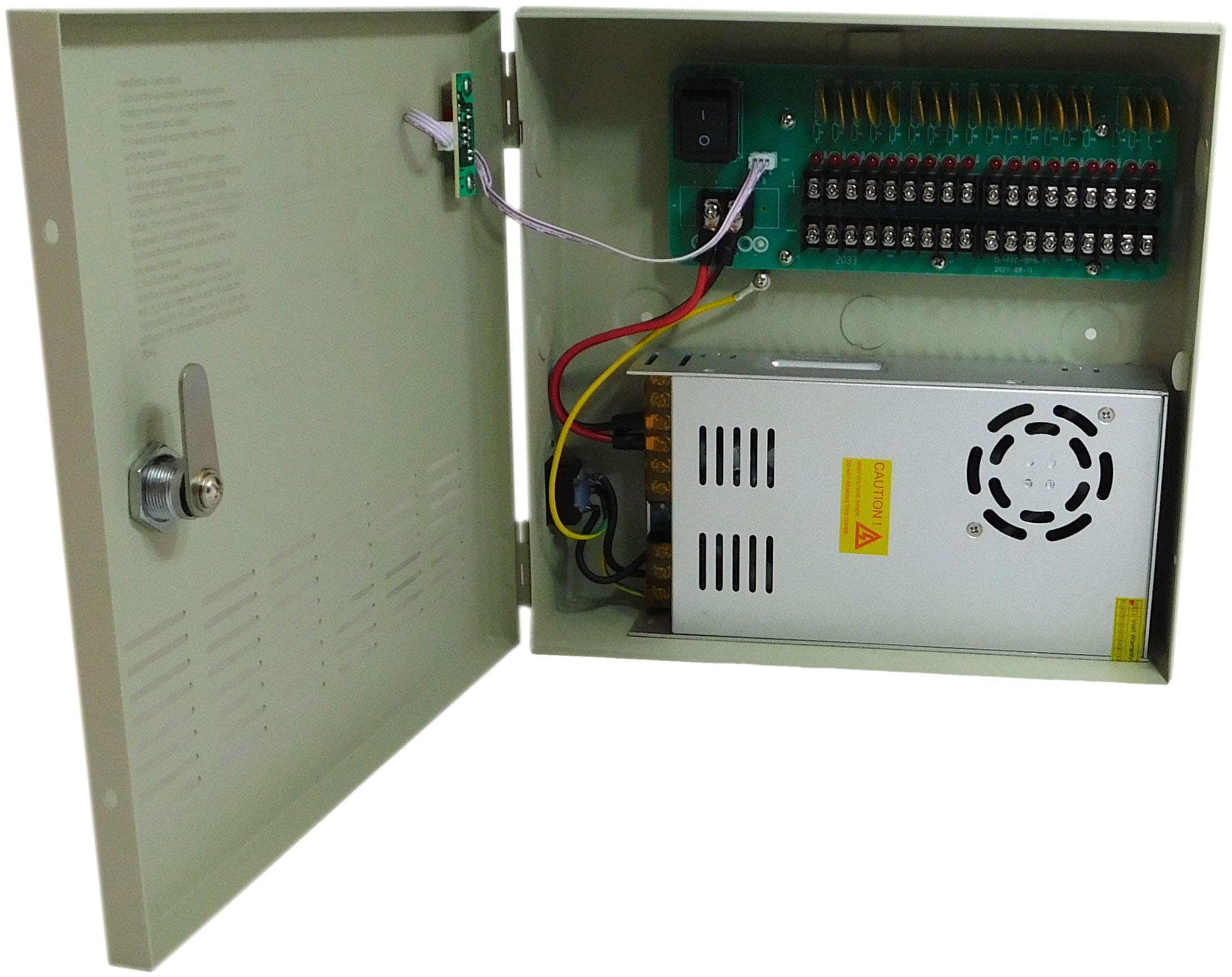 eSecure 12V DC 18 Channel Port 20 Amp with PTC Fuse Distributed Power Supply Box for CCTV DVR Security System and HD/IP Cameras UL Listed