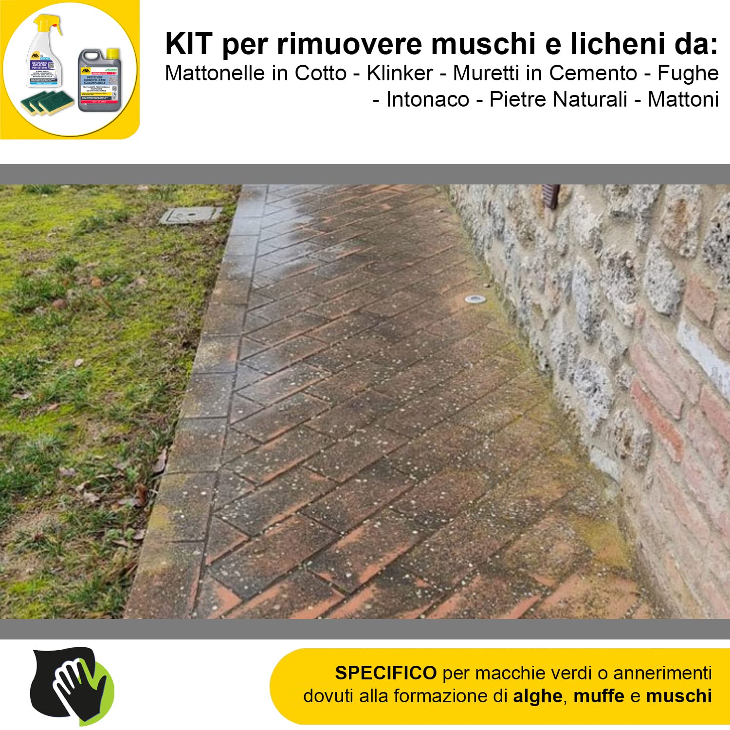 MASTERBRICO Kit Pulizia con Algaenet 500ml + Hydrorep Eco 1L + Spugne – Detergente Anti Alghe + Protezione Idrorepellente Ecocompatibile Per Rimuovere Muschi da Cemento, Fughe, Mattoni, Klinker, Tufo