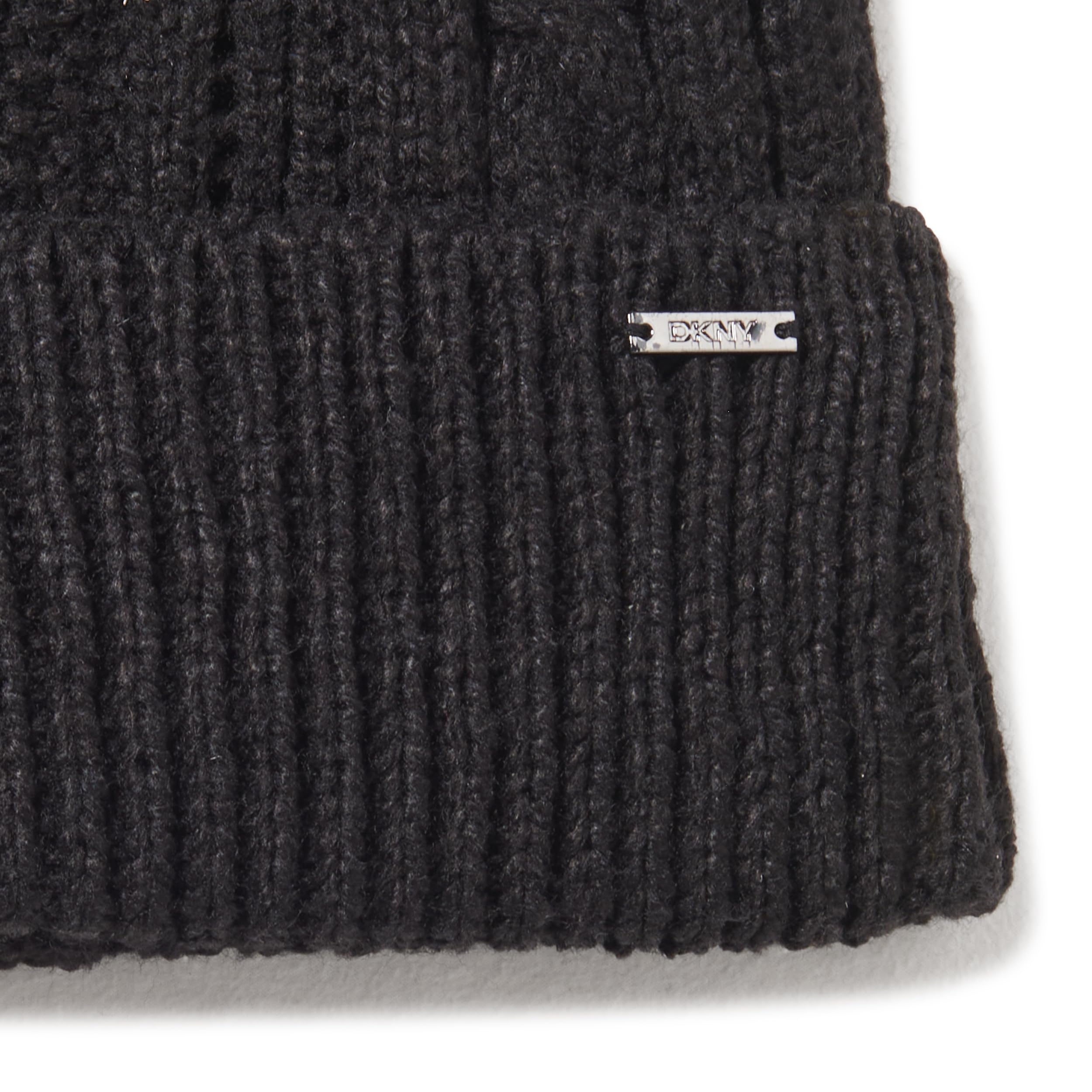 DKNY Bonnet en Tricot torsadé avec Pompon en Fausse Fourrure pour Femme