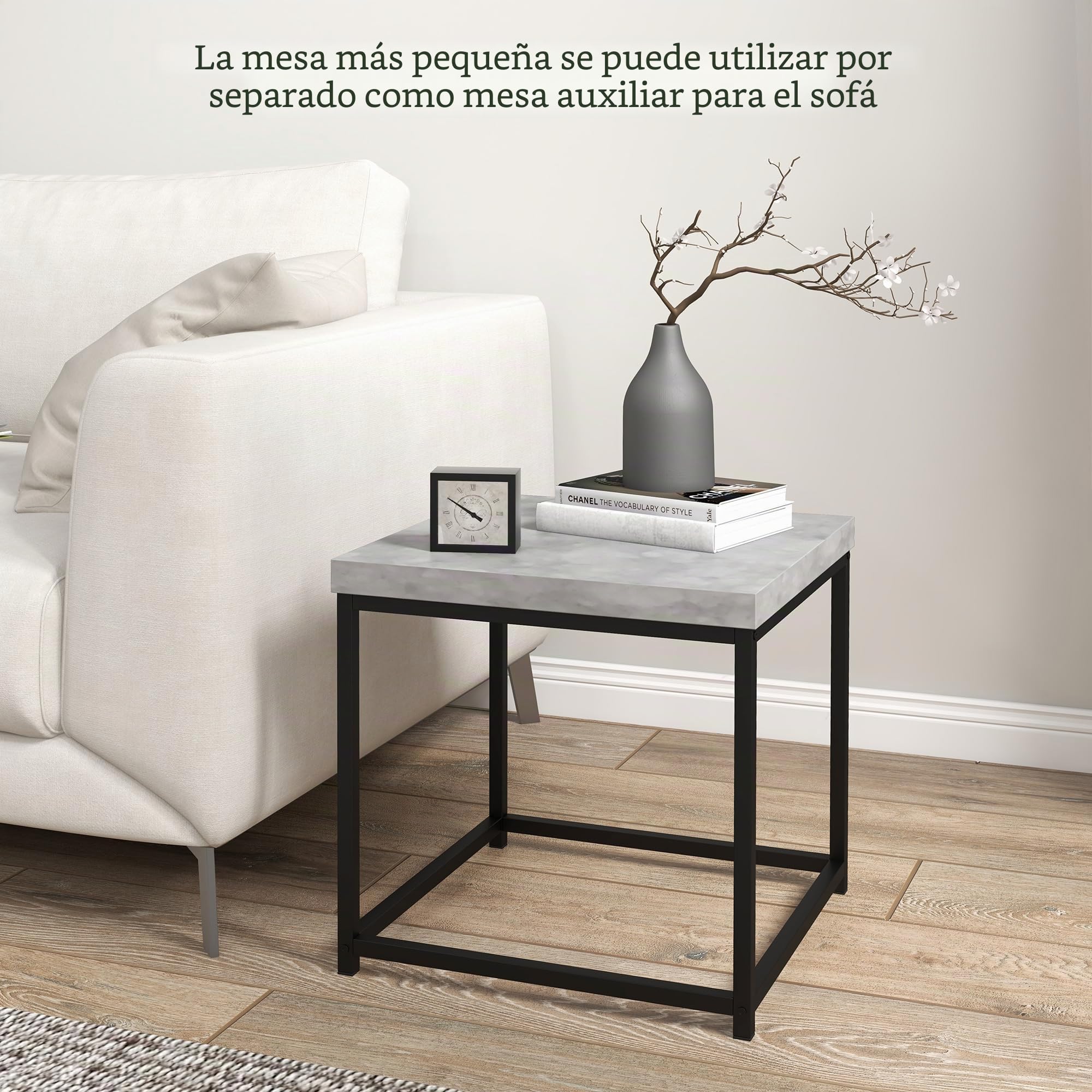 HOMCOM Lote de 2 mesas Nido mesas de Centro cuadradas Estructura de Acero y tableros de Madera Gris