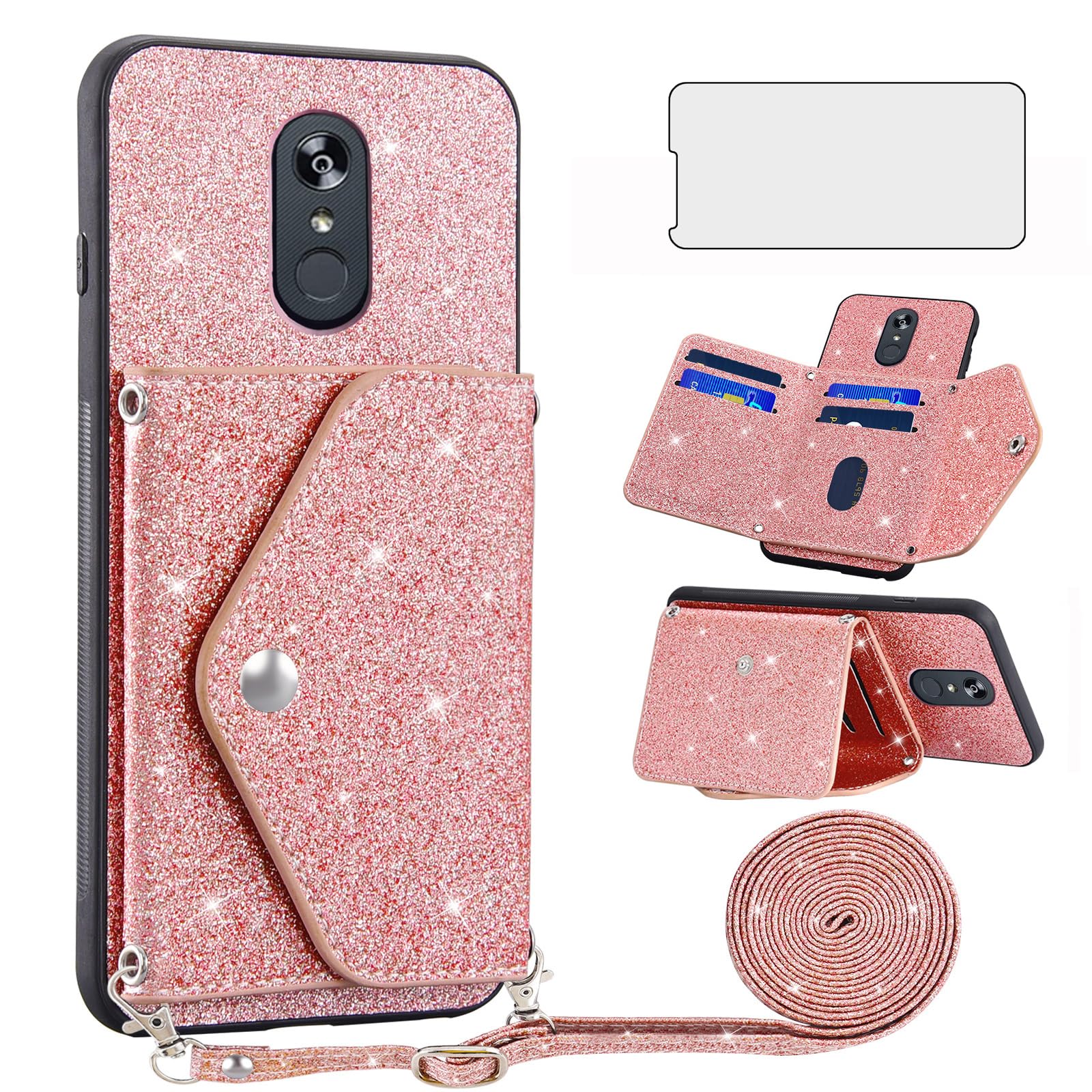 Asuwish Phone Case for LG Stylo 4 Wallet Cover with Tempered Glass Screen Protector and Crossbody Strap Bling Glitter Card Holder Stylo4 Plus LGstylo4