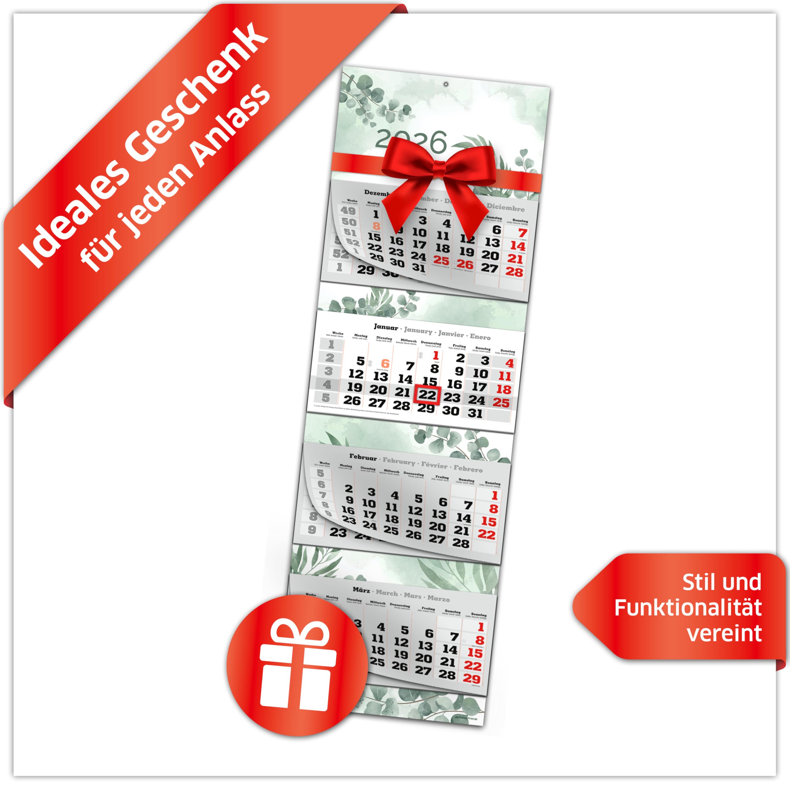 PRIMUS PRINT XXL Calendario 2026 – Multibloc Calendario de pared – Calendario de 4 meses – con fecha deslizante, calendario para colgar – Incluye días festivos y vacaciones – varios diseños – [1 x