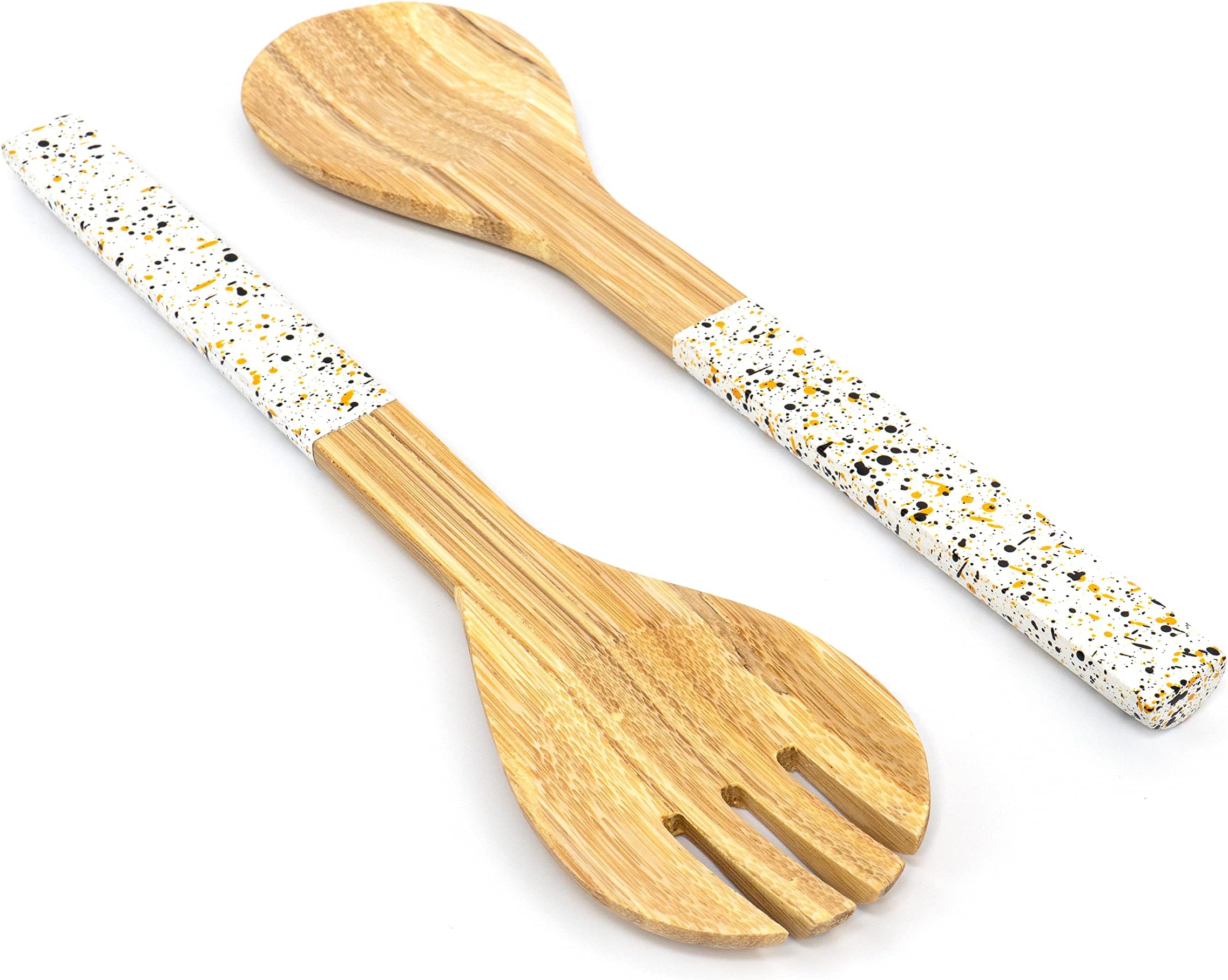 Jungle Culture® Large Bamboo Salad Servers • Natural Wood Tongs with White Terrazzo Style Handles • Fruit & Wooden Salad Bowl Tableware • Eco Friendly Serving Utensils • Spoon & Fork Cutlery Set