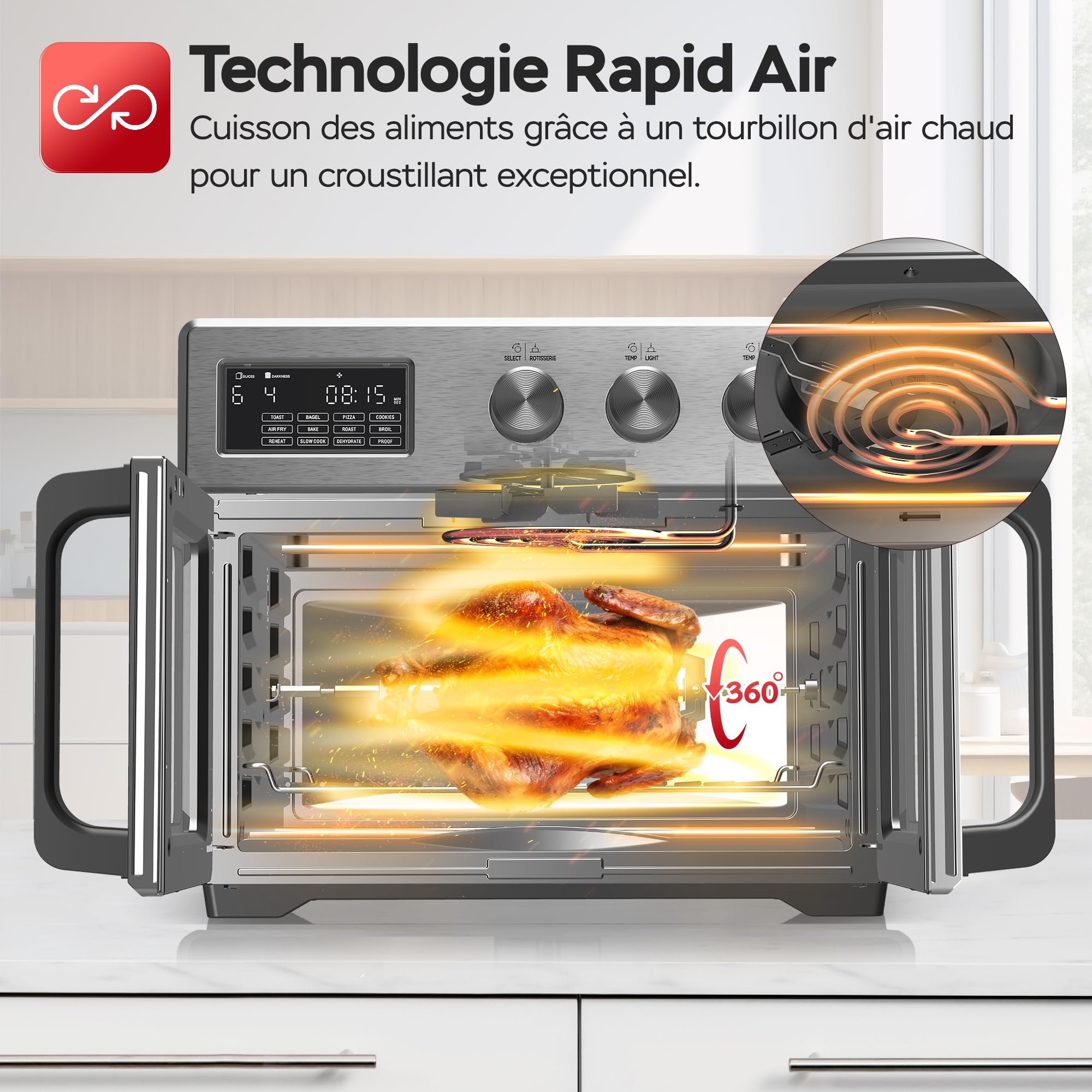 TurboTronic Mini four, four à air chaud 4 en 1 et friteuse à air chaud, version XXL 32 L, y compris tournebroche et de nombreux accessoires, plaque de cuisson, déshydrateur à partir de 25 °C & grill,