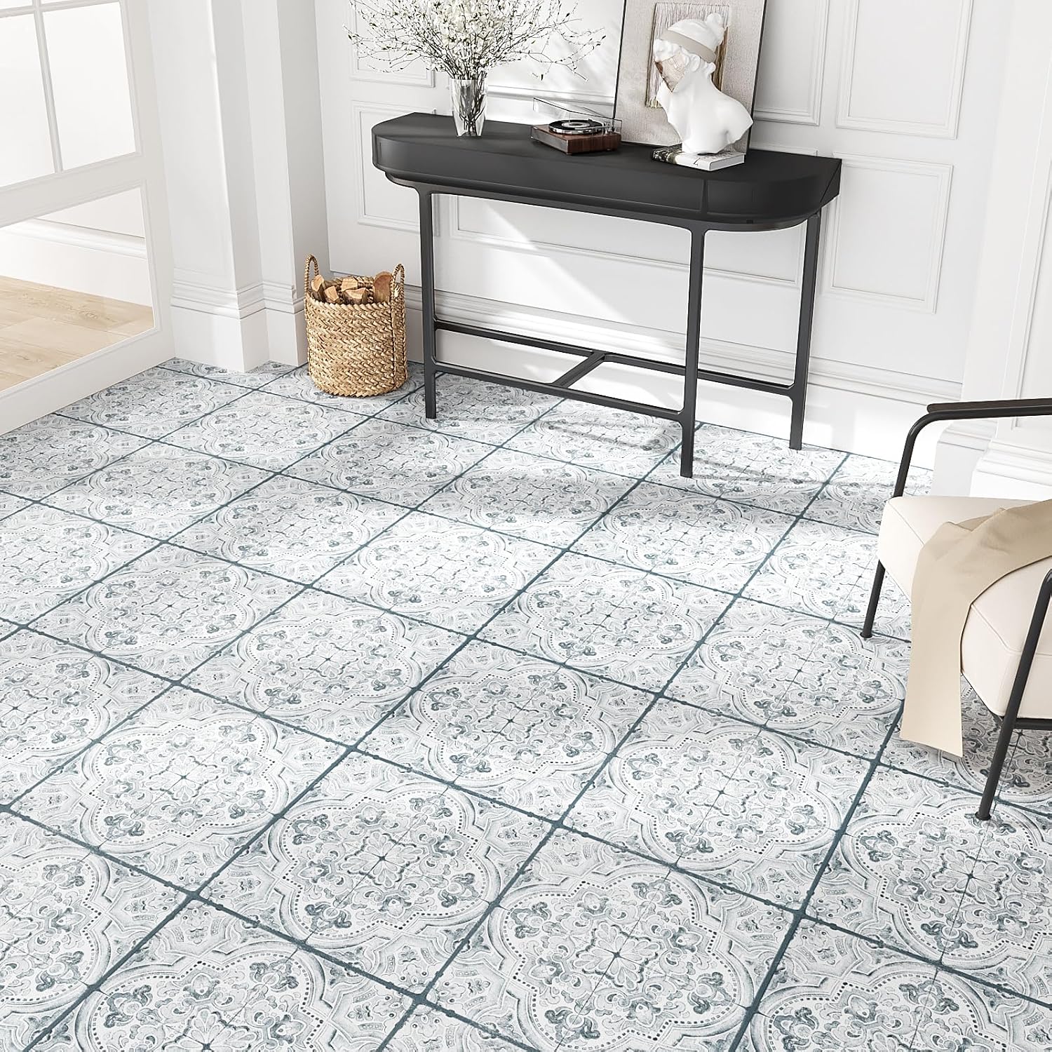 VEELIKE Slate Blue Azulejo Peel and Stick Floor Tile Roll 12'' x 59'' Thick Vinyl Flooring Waterproof Self Adhesive Vintage Sheet Linoleum Flooring Roll for Kitchen Bedroom Bathroom Vinyl Floor Tiles