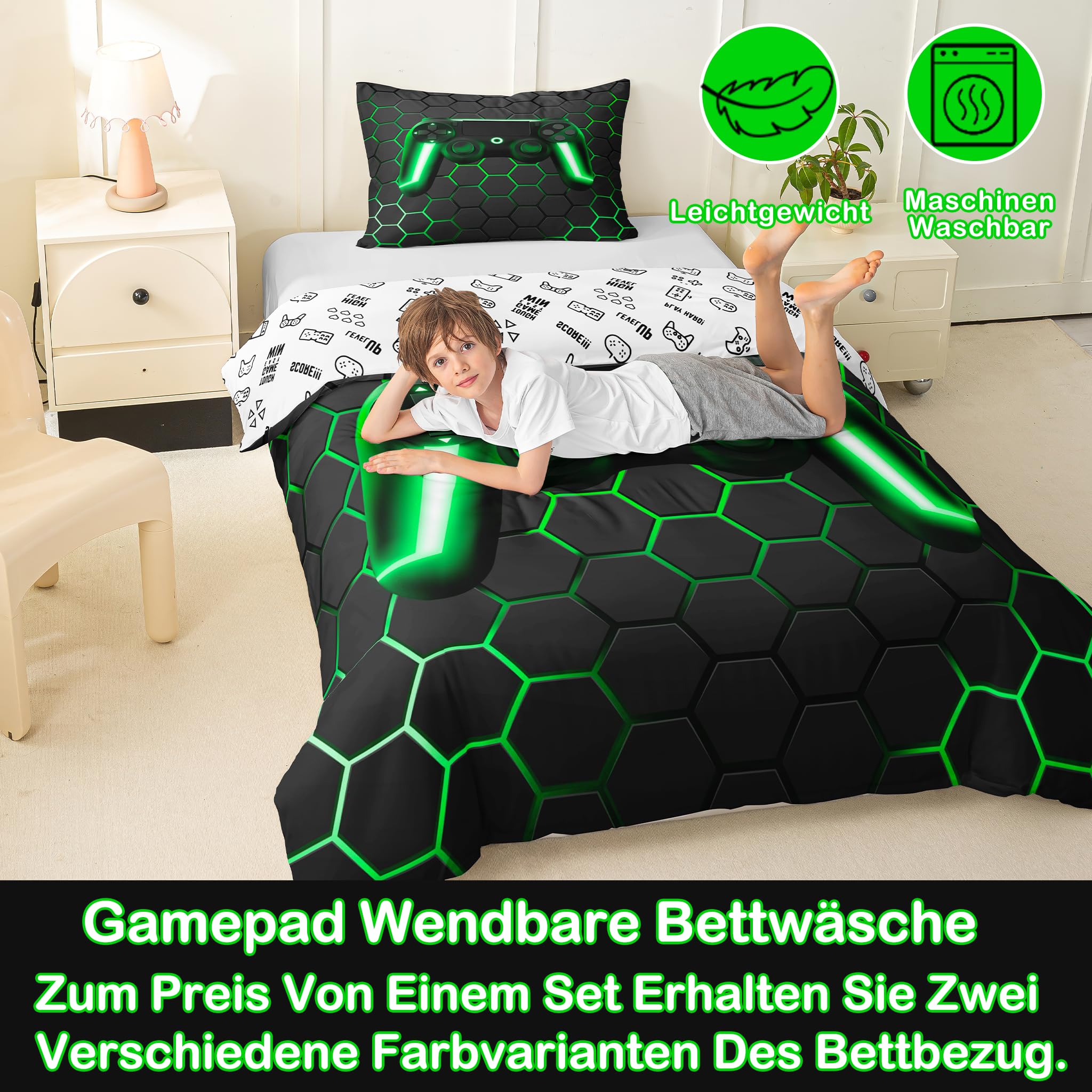 Homewish Juego de ropa de cama geométrica con diseño de panal de abeja, juego de ropa de cama para niños, adolescentes, jóvenes, colmenas, hexágonos, 2 unidades, 155 x 220 cm, gris y verde