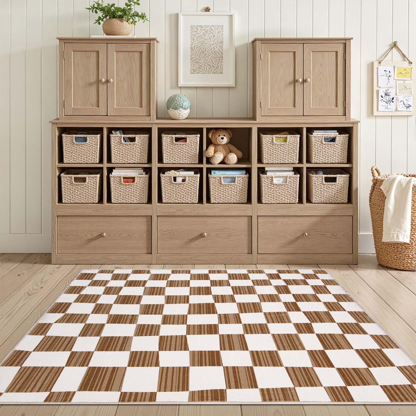 jinchan 3x5 Brown Checkered Area Rugs for Kids Room - Machine Washable Rug Modern Neutral Geometric Lattice Soft Non-Slip Carpet for Nursery Playroom