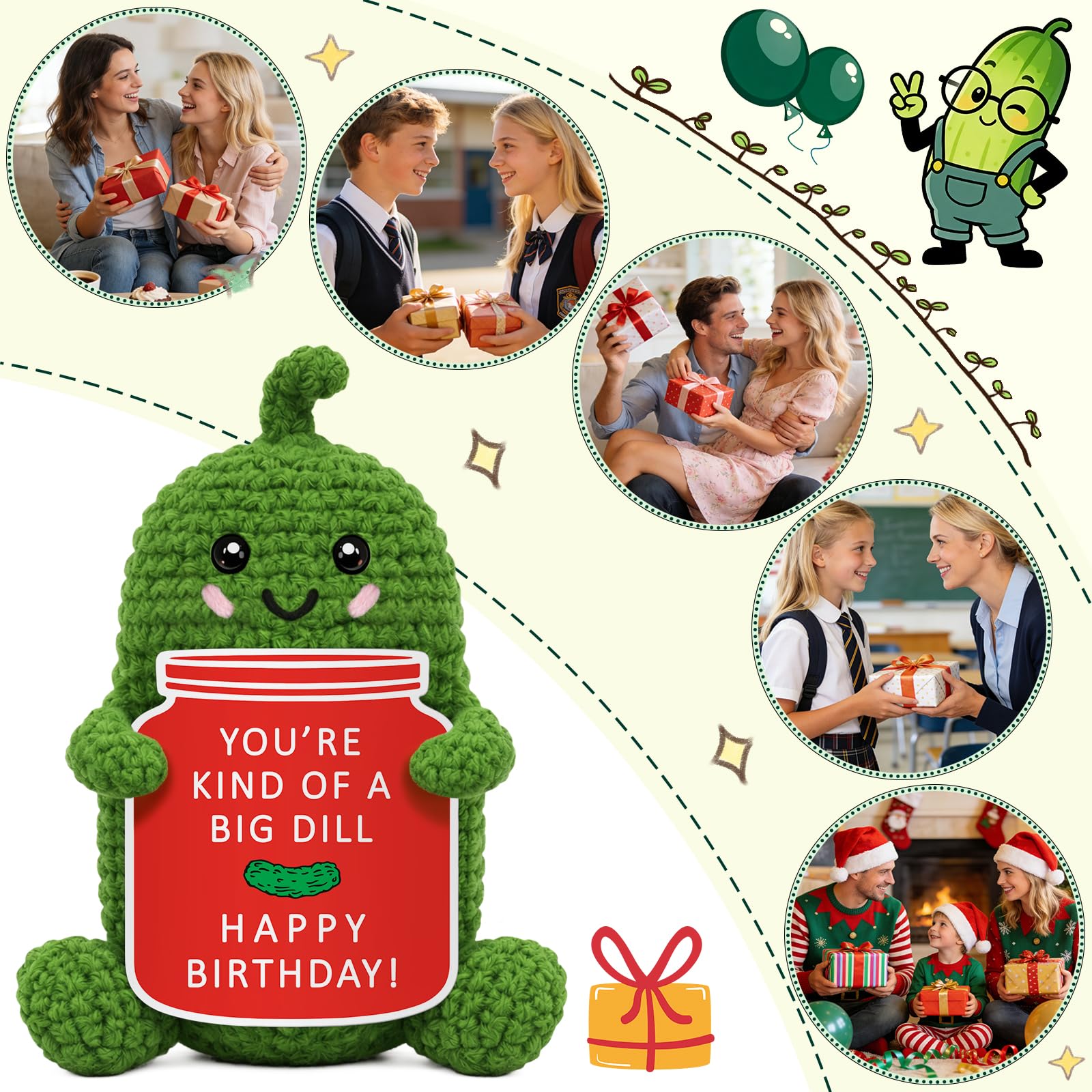 Xinezaa Crochet Pickle Gifts, Birthday Gift for Women Men, Cute Funny Birthday Card for Mom, Dad, Sister, Friend, Daughter, Wife, Girlfriend, Teens, Coworkers, Unique Bday Gifts Present for Her