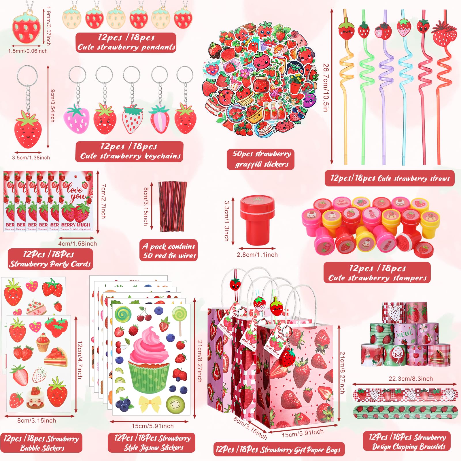 Landical 159 Pcs Cute Strawberry Party Favors Includes Gift Cup Straws Bracelets Stickers Temporary Tattoos Keychain Rings Stampers Pendant Cards for Baby Shower Theme 1st Birthday Decorations