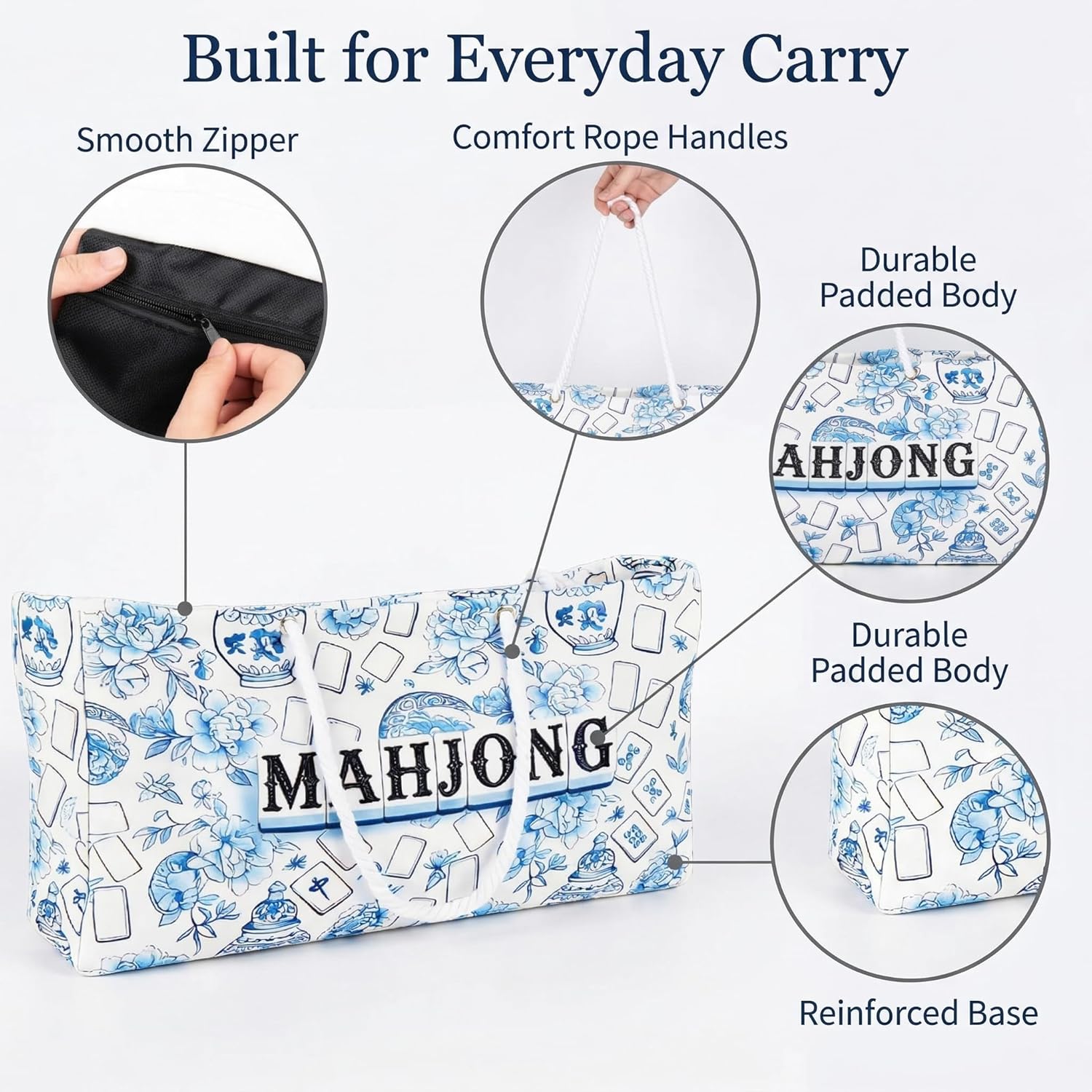 3 Pcs Empty Mahjong Bag Set Gift - American Mahjong Carrying Tote Bag，24 * 13 Inch Thickened Canvas ， Mahjong Bags for Tiles and Racks(Blue/White)