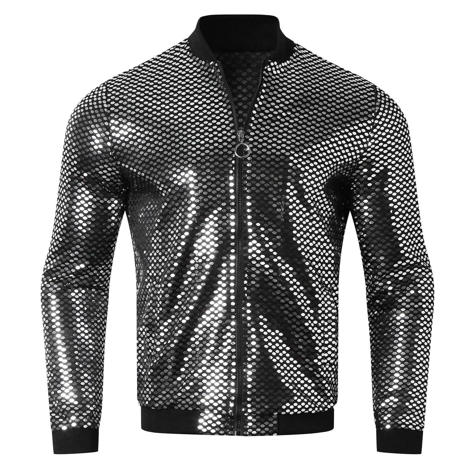 Generisch Giubbotto bomber da uomo con paillette, giacca da aviatore 70s, abbigliamento da discoteca, colletto alto, con chiusura lampo, per le mezze stagioni, per clubwear