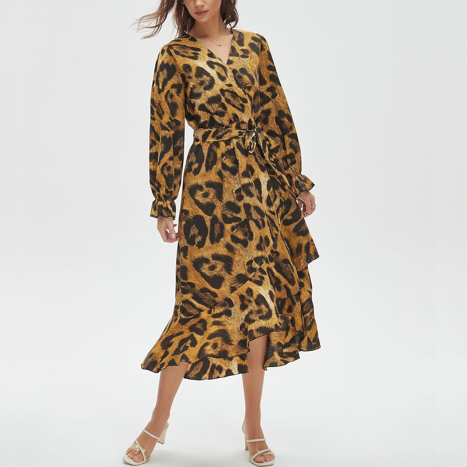 Women's Floral Bohemian Dress Long Sleeve Wrap V Neck Ruffle Flowy Maxi Casual Tie Waist Boho Asymmetrical Vacation Dresses - Image 2