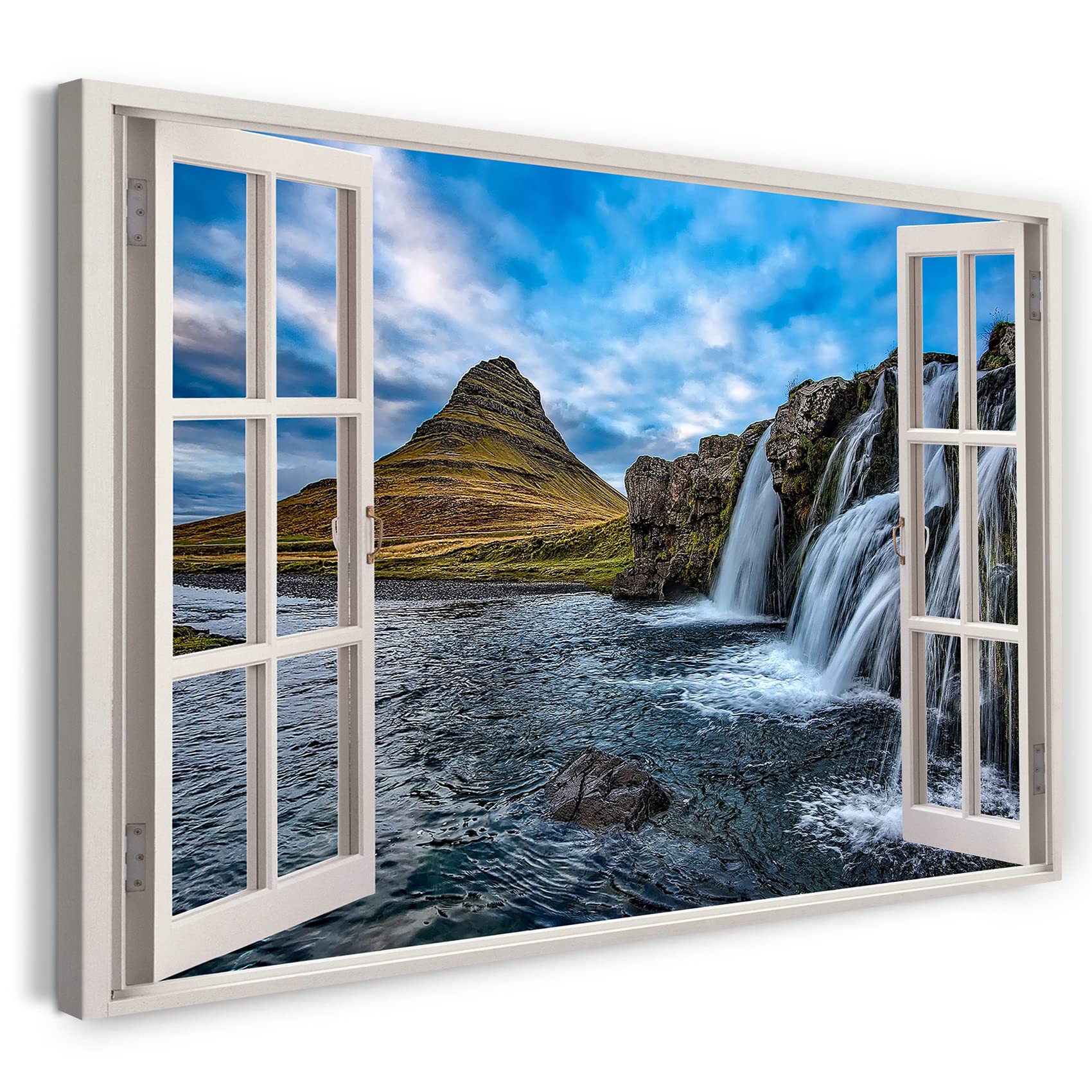 Print on Canvas (100x70 cm) view from the window - waterfall mountains lake nature landscape - nature photography, real wood frame with hook