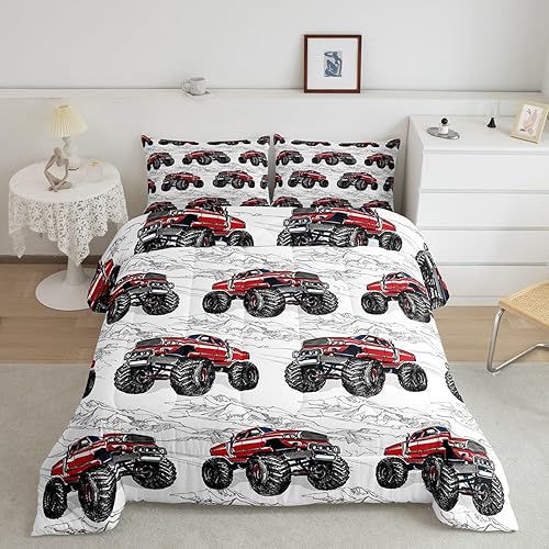 Juego de edredón de tractor rojo, tamaño individual, juego de edredón de caricaturas de camiones y vehículos de granja, colección de cama suave,