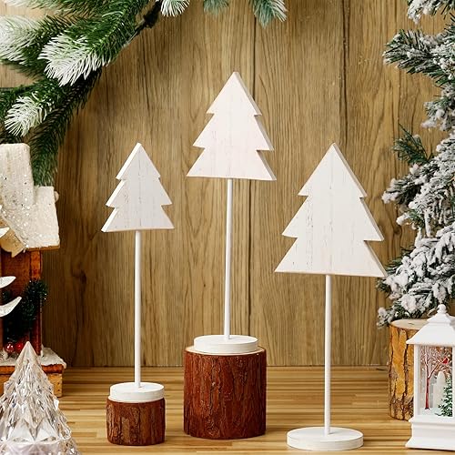 3 piezas de decoración de mesa de Navidad de pie alto blanco madera árbol de Navidad letreros de mesa de madera de Navidad decoración rústica centro disponible en Yaxa Peru