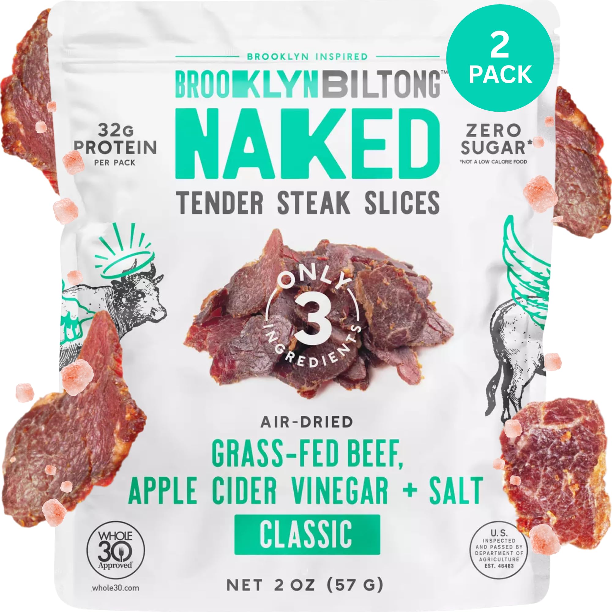 Brooklyn Biltong Carnivore Snack, Air Dried Grass Fed Beef, South African Beef Jerky (2 oz, Pack of 2) - AIP Approved, Paleo, Keto, Gluten Free, Only Salt, Water, and Vinegar, Made in USA - (Naked