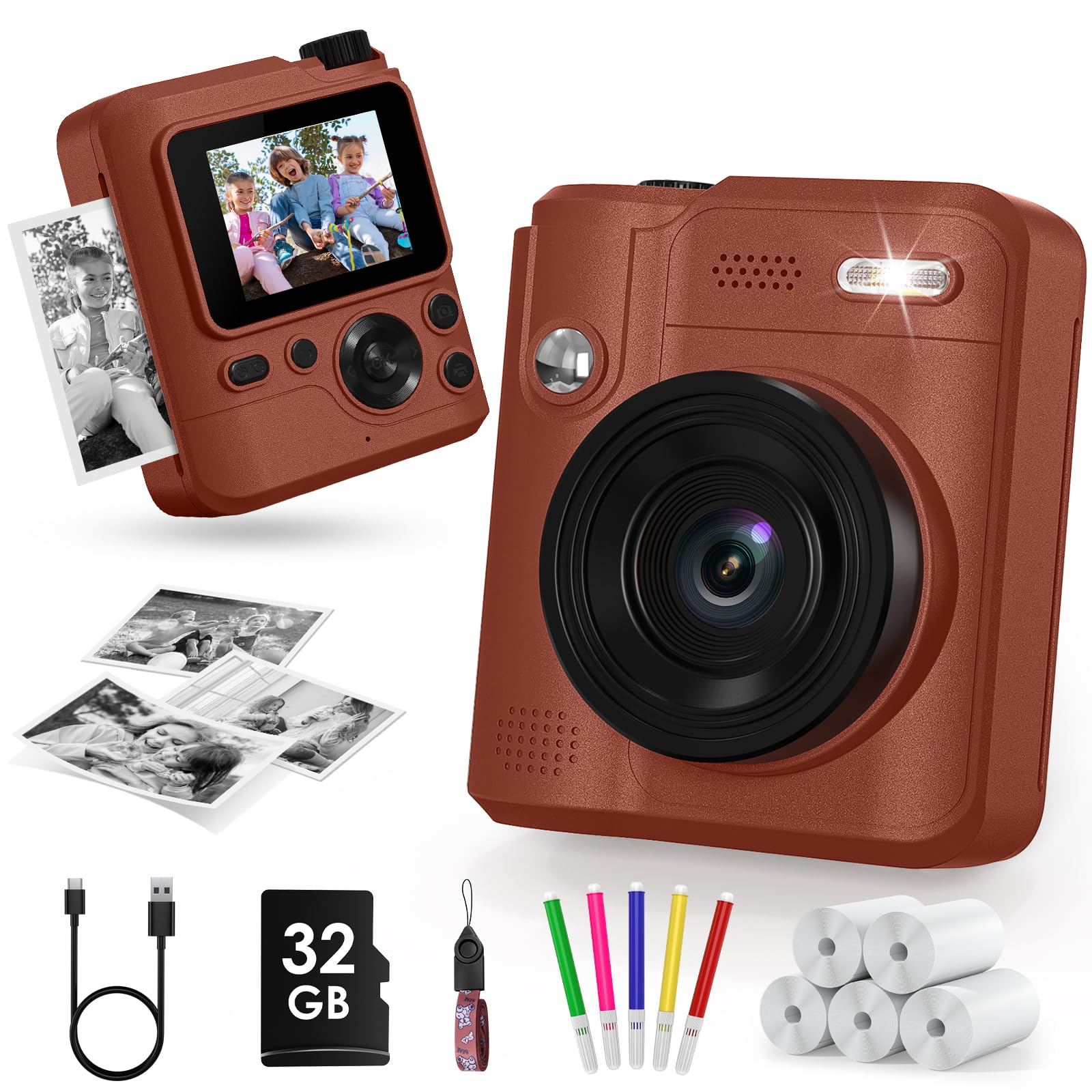 Gofunly Kids Camera Instant Print, 1080P Digital Camera for Kids with 32GB Card & 5 Print Paper Rolls, Selfie Toy Gift for Girls & Boys Ages 3-12, Brown