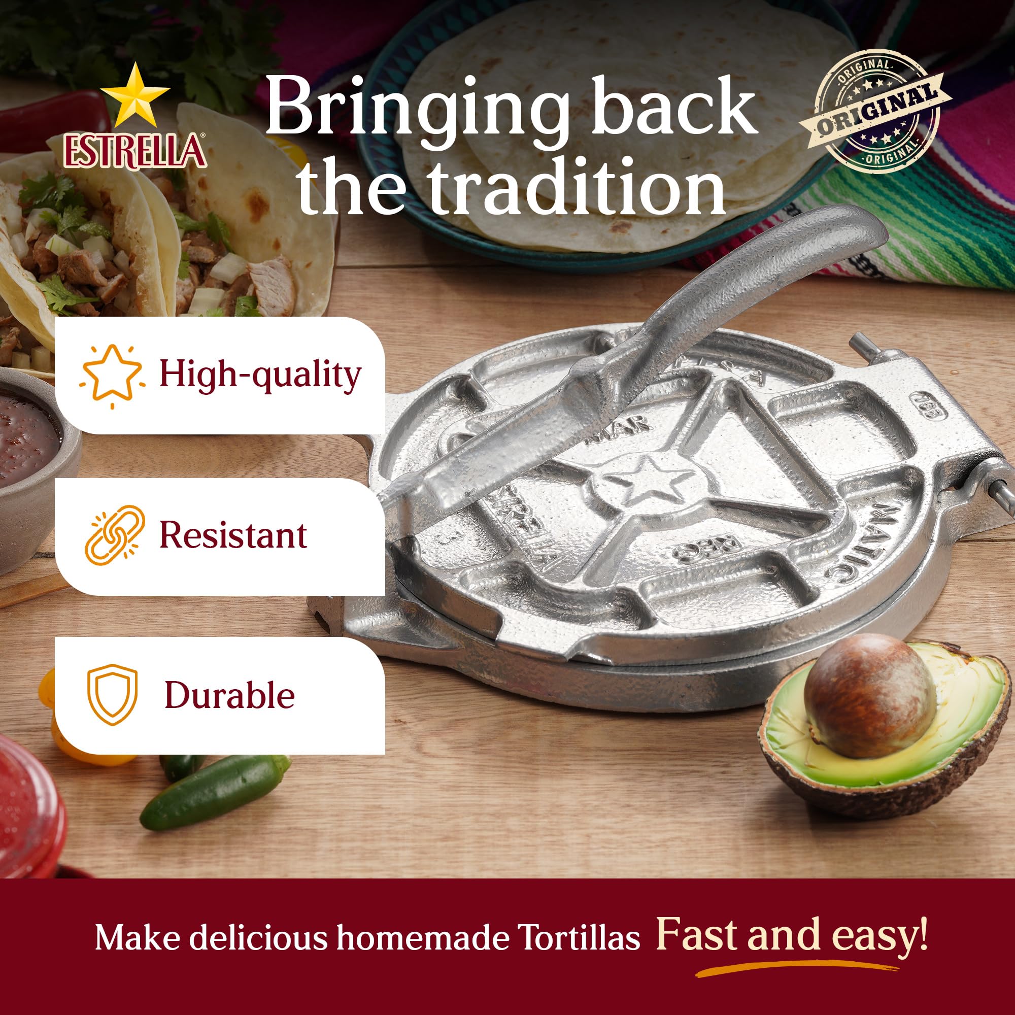 Estrella (7.5 inch) Cast Iron Tortilla Press and Tostonera, Perfect for Mexican Food, Tortillas, Burritos, Quesadillas, Empanadas, and Sopes, Prensa Para Tortillas, Silver Finish