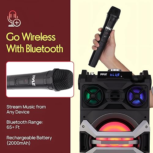 Miniatura 5 de Pyle Sistema de altavoces de karaoke de conectividad BT portátil de 500 W, estéreo PA con subwoofer de 8 pulgadas, micrófono de batería recargable