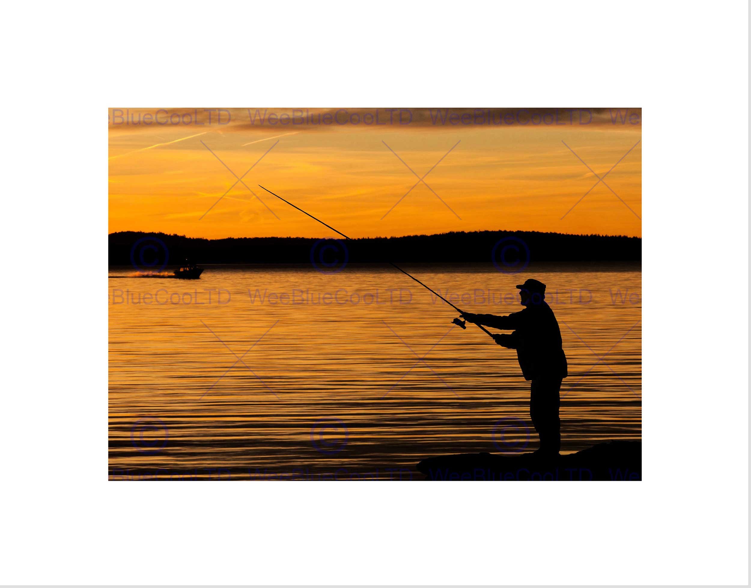 Wee Blue Coo Yellow Sunset Lake Fisherman Silhouette Picture Wall Art Print