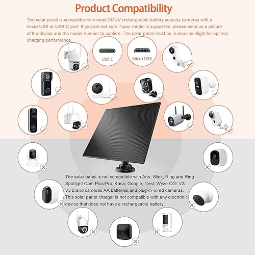 Miniatura 3 de Panel solar para cámara de seguridad, cable de carga extralargo de 13.1 pies, cargador de panel solar, con puerto micro USB y USB-C, energía solar