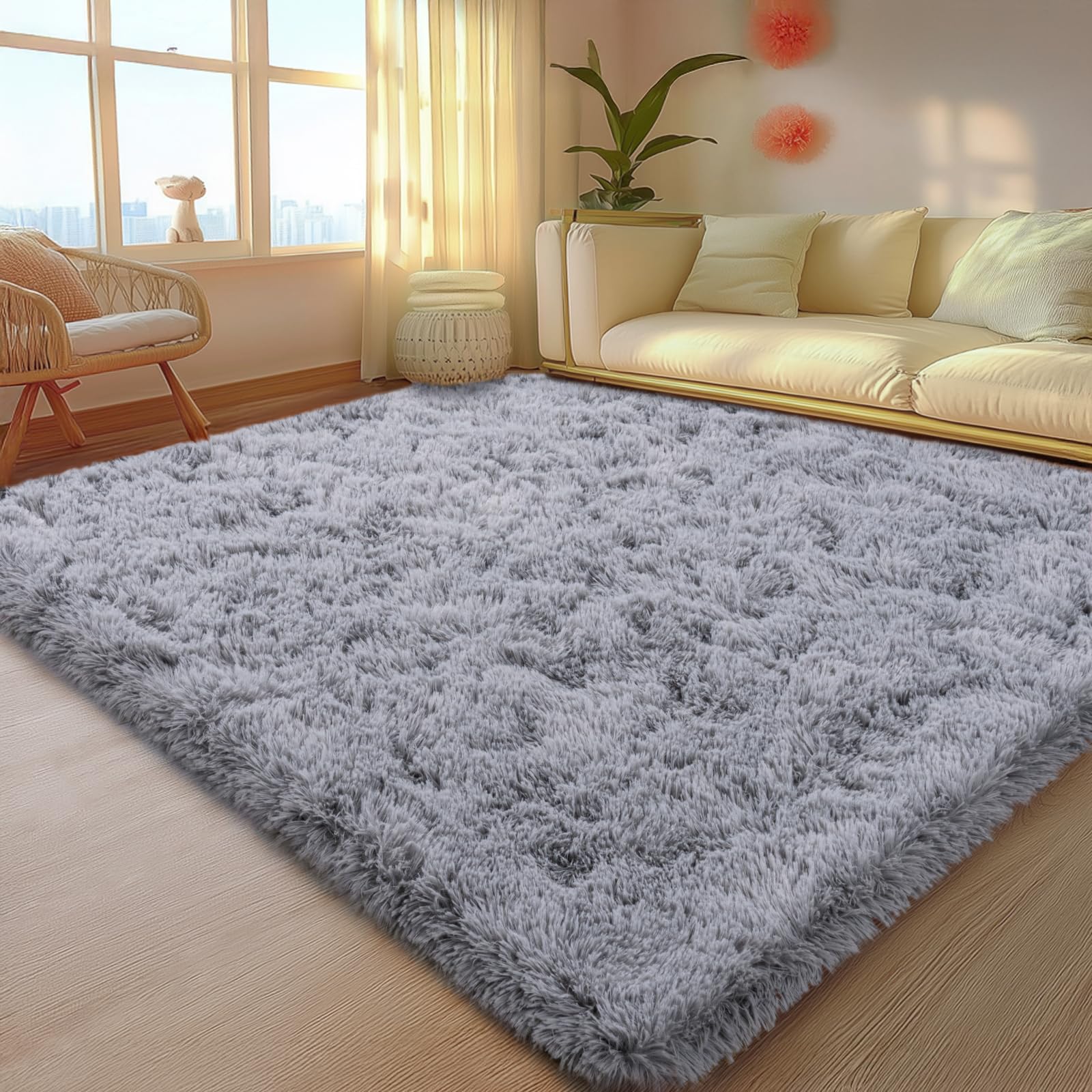 Mugorn 5x7 Rugs for Living Room, Large Fluffy Area Rugs for Bedroom, Soft Carpet Shag Kids Room Rug, Non-Slip Fuzzy Rugs Indoor (Light Grey, 5ft x 7ft