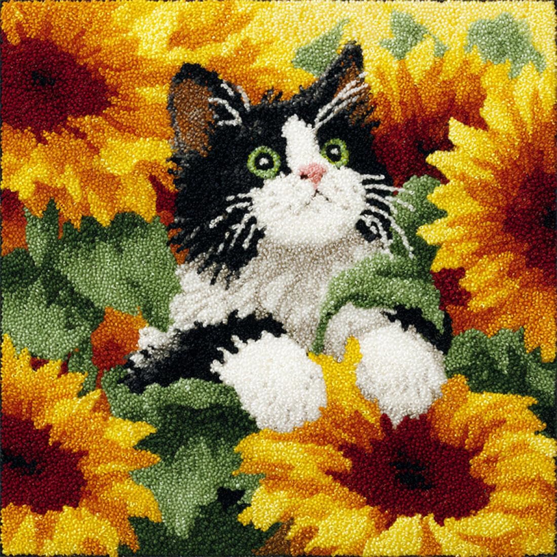 Kitquiver Animal Latch Hook Pillow Kit Cats and Flowers Latch Hook Kit Pillow DIY Rug Crochet Hook Cushion Making Kits with Preprinted Pattern Canvas 17x17In