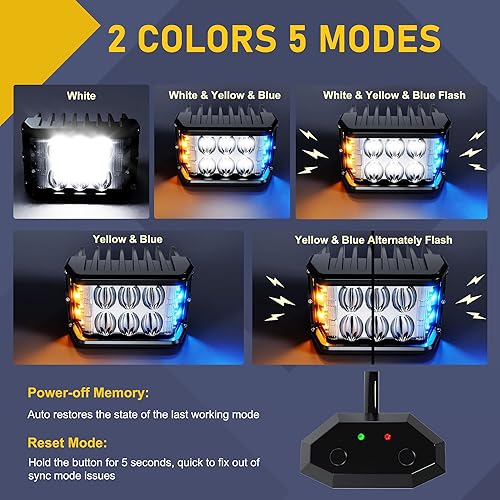Miniatura 4 de ASLONG Disparador lateral LED, 2 luces estroboscópicas de trabajo DRL de 4 pulgadas con amarillo y azul, doble color, intermitente, cubos LED, luz