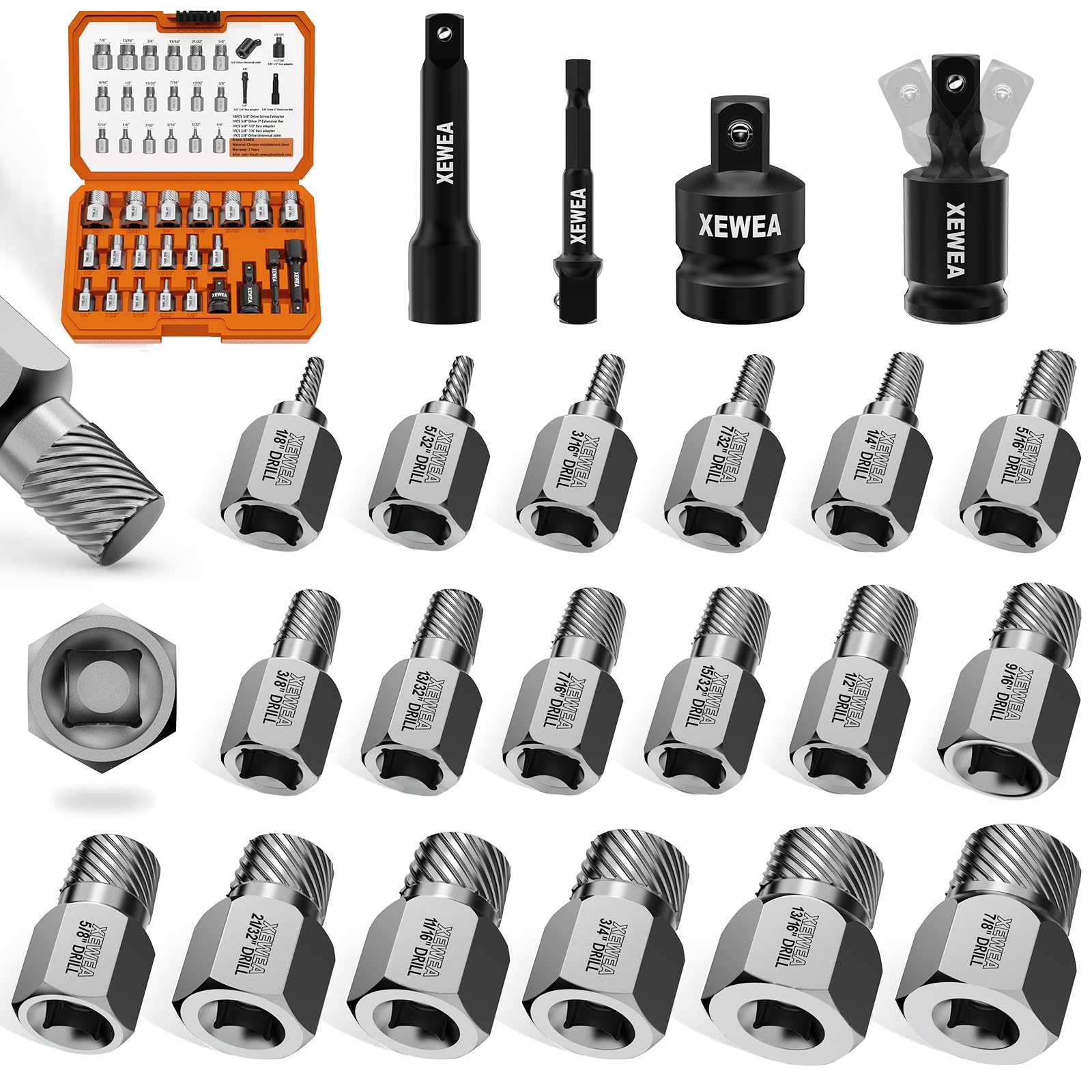 XEWEA Set di 22 estrattori per viti da 3/8", kit di rimozione dei bulloni multi-spline per bulloni rotti, dadi e viti, strumenti di estrazione CR-MO resistenti con accessori di estensione e adattatore