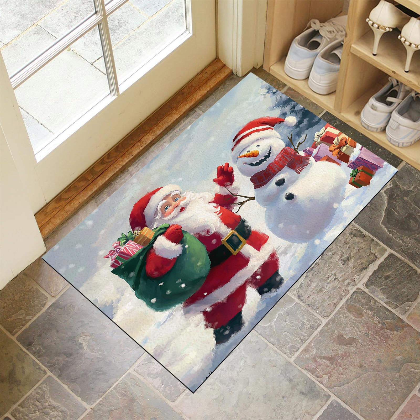 Tapis Entrée Imperméable 60X90 Motif Bonhomme de Neige pour Décorer Couloir et Entrée en Hiver