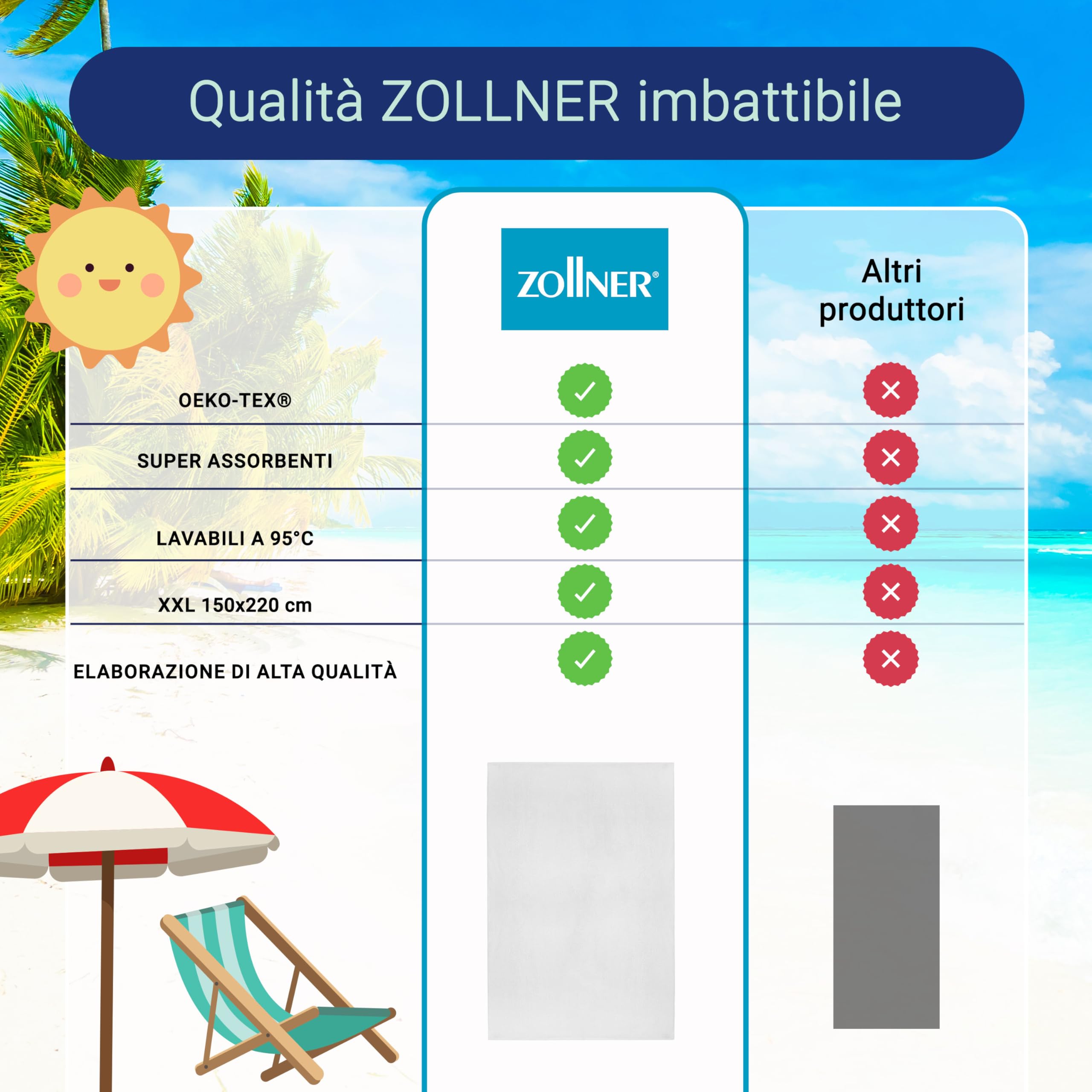 ZOLLNER Telo mare - asciugamano da spiaggia morbido e assorbente in 150x220 cm - lavabile a 95°C - cotone in weiß - certificato Oeko Tex®