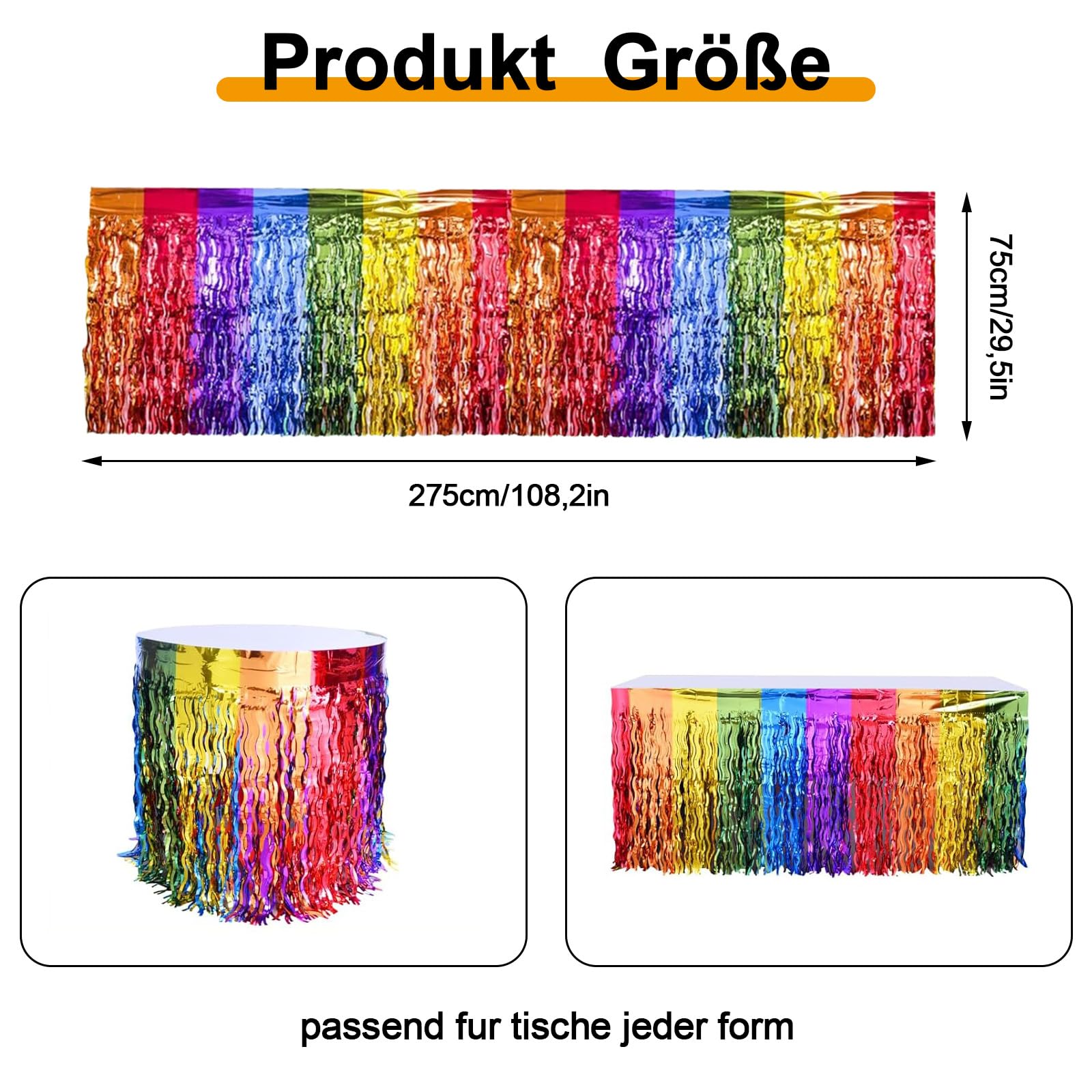 Tavolo Gonne Arcobaleno,2 Pezzi Gonna da Tavolo Decorativa, L275 × H75cm, Gonna da Tavolo con Nappe, Gonne da Tavolo per Feste, per Compleanni, Festival, Matrimoni, Fidanzamenti, Feste