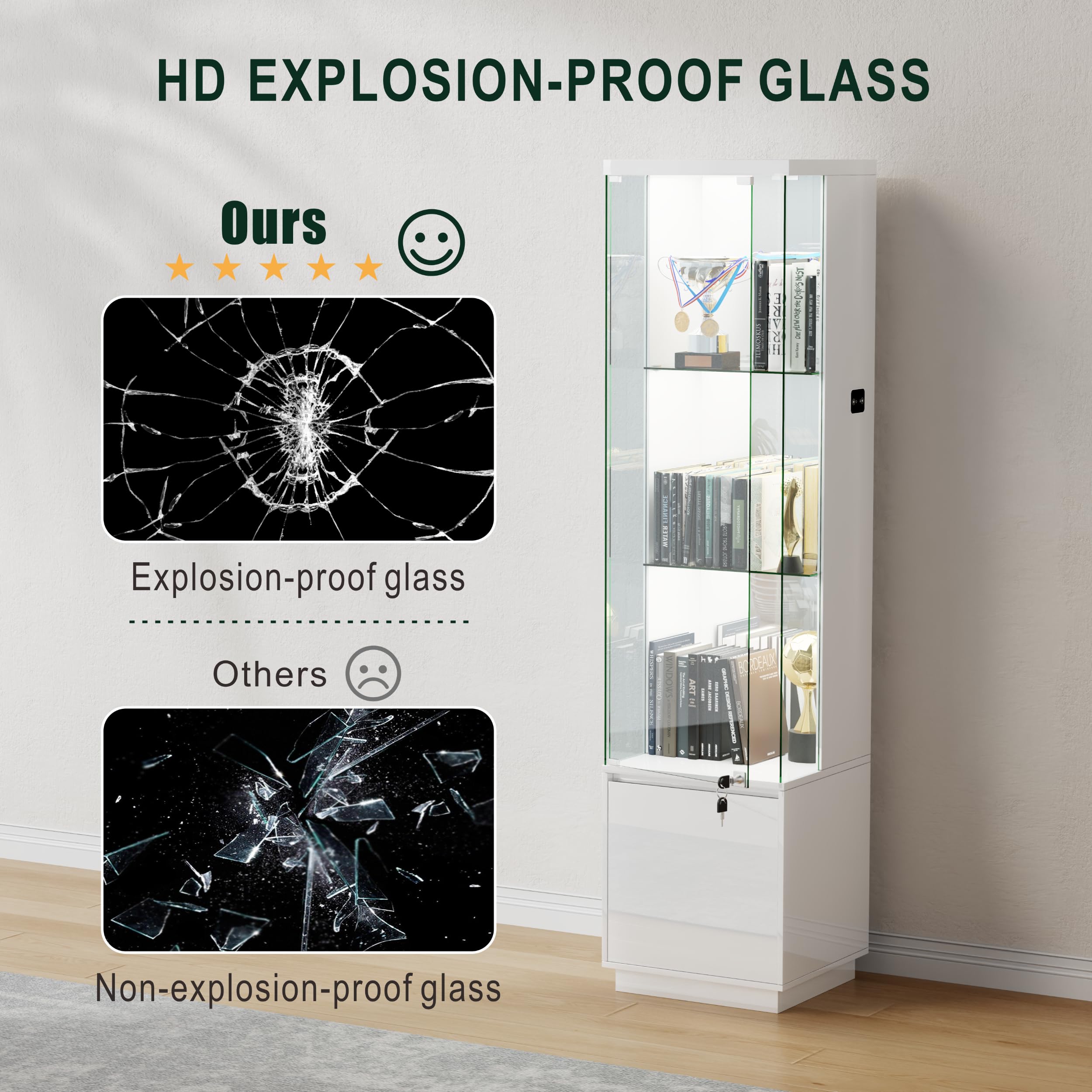 Lvifur Glasvitrine mit LED Beleuchtung und Schubladen,Vertikale Vitrine mit Intelligente Sensorik,Glas Holz Vitrinenschrank 3-Lagen Sammlervitrine für Sammlerstücke,Wein,Wohnzimmer,Schlafzimmer