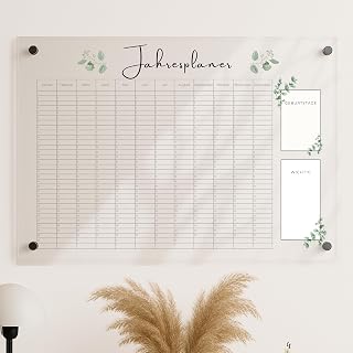 EmiliaLotte Personalisierter Familienplaner aus hochwertigem Acryl I Abwischbarer Wand Kalender für die ganze Familie I Wiederverwendbarer Jahresplaner mit Einkaufsliste, Menüplan & Mehr - Eukalyptus