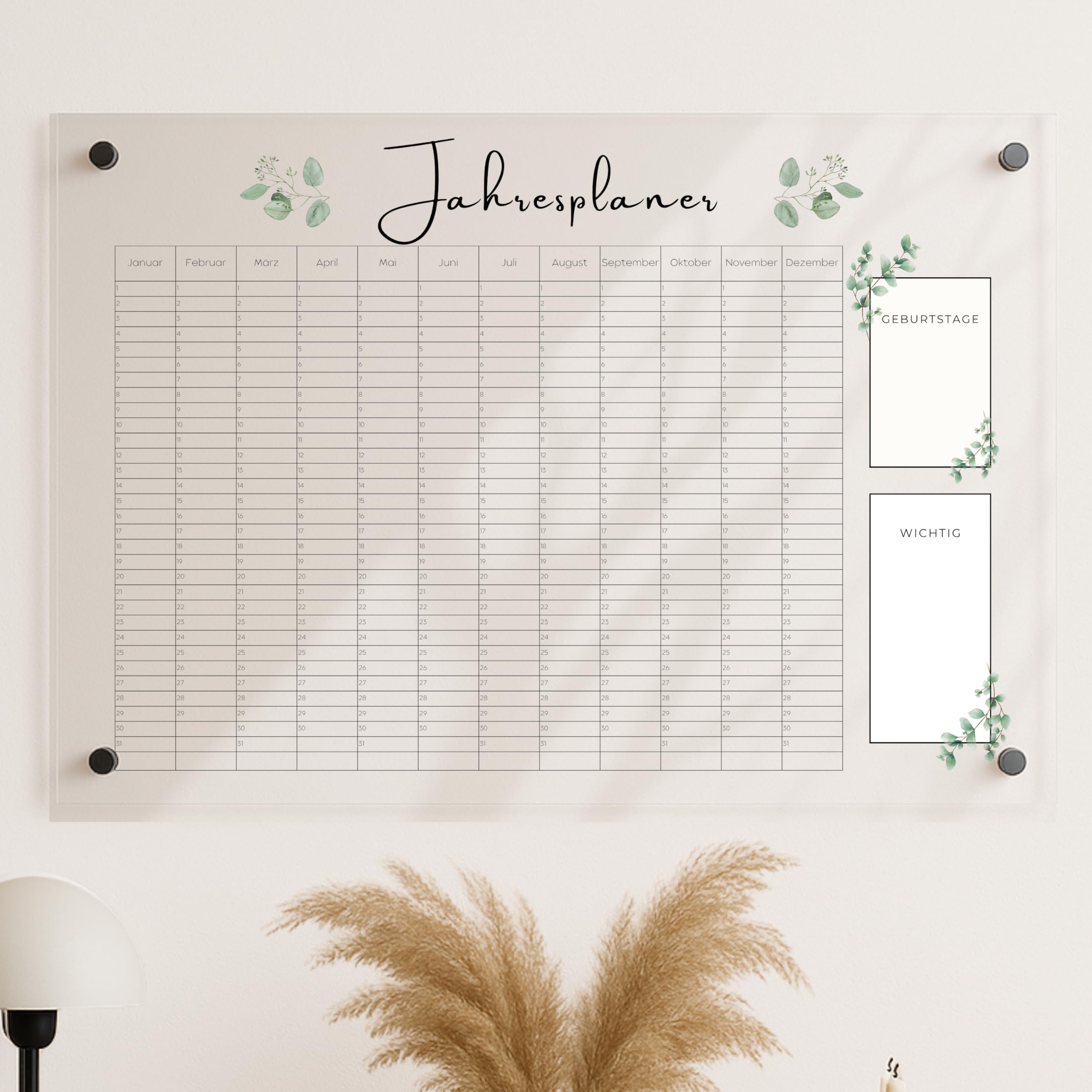 EmiliaLotte Personalisierter Familienplaner aus hochwertigem Acryl I Abwischbarer Wand Kalender für die ganze Familie I Wiederverwendbarer Jahresplaner mit Einkaufsliste, Menüplan & Mehr - Eukalyptus