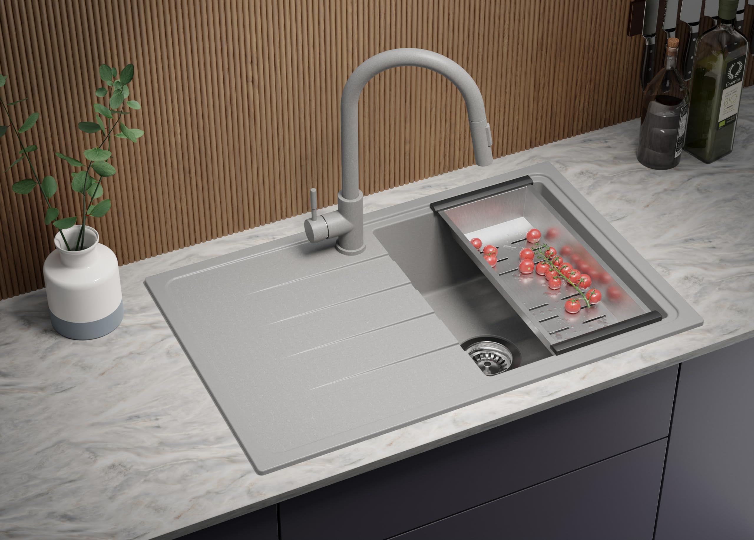 PRIMAGRAN Lavello da Cucina Grigio - Milano, 78x50cm | Lavandino in Granito a 1 Vasca + Sifone Classico, Lavabo da Cucina Incasso al Mobile 45cm (S067)