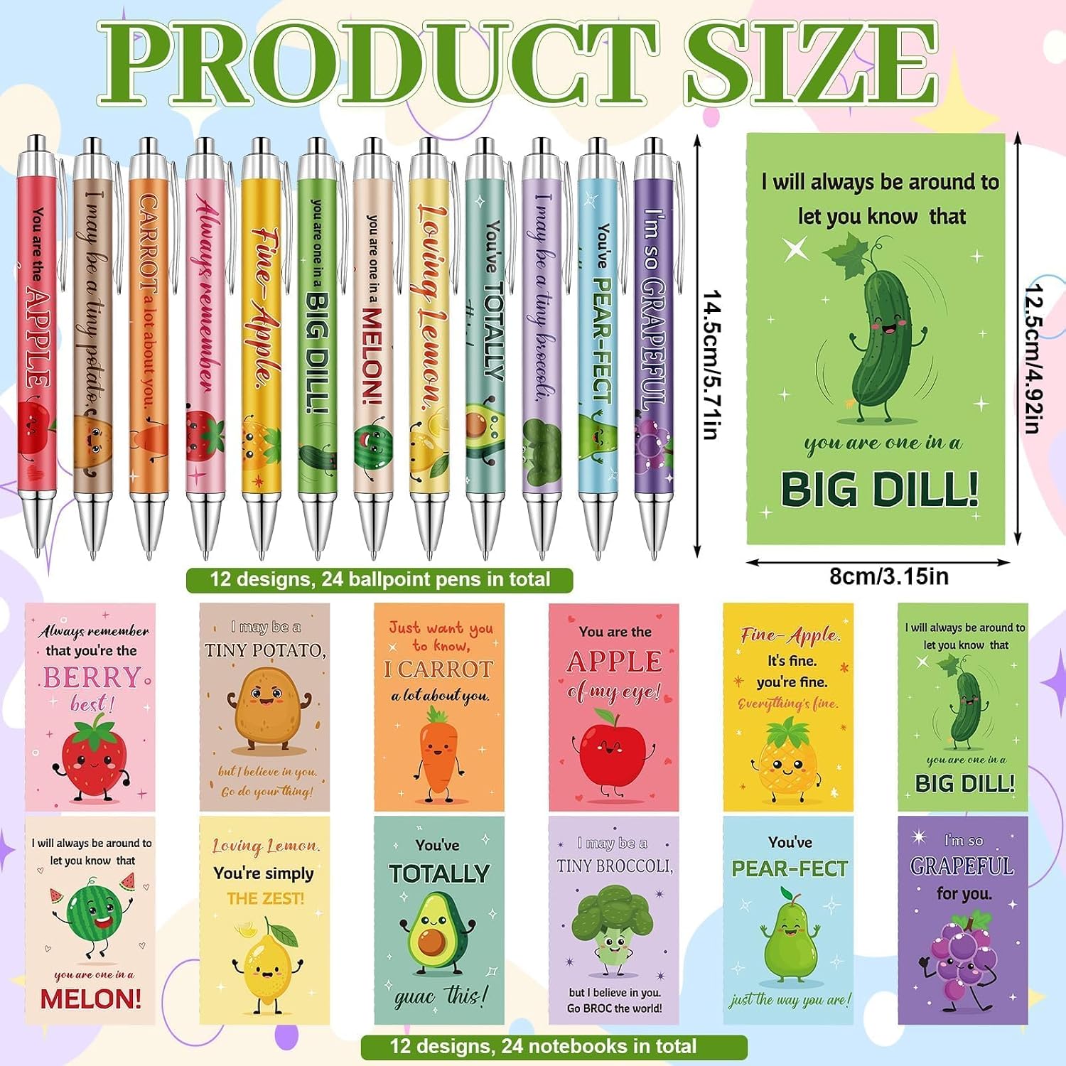 48 Pcs Inspirational Mini Notebook with Pens Bulk Fruit Vegetable Pun Pocket Notepads Positive Gift Employee Appreciation Gifts for Coworker Volunteer Teacher Students Motivational Graduation Gifts