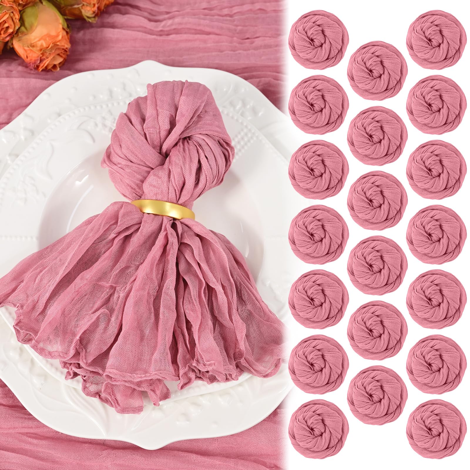 20 Pack Dusty Rose Cheesecloth Napkins 20"x20" Boho Washable Cloth Napkins Set of 20 Wrinkled Cheese Cloth Napkins Gauze Dinner Table Napkin for Wedding Party Baby Shower Birthday Decor
