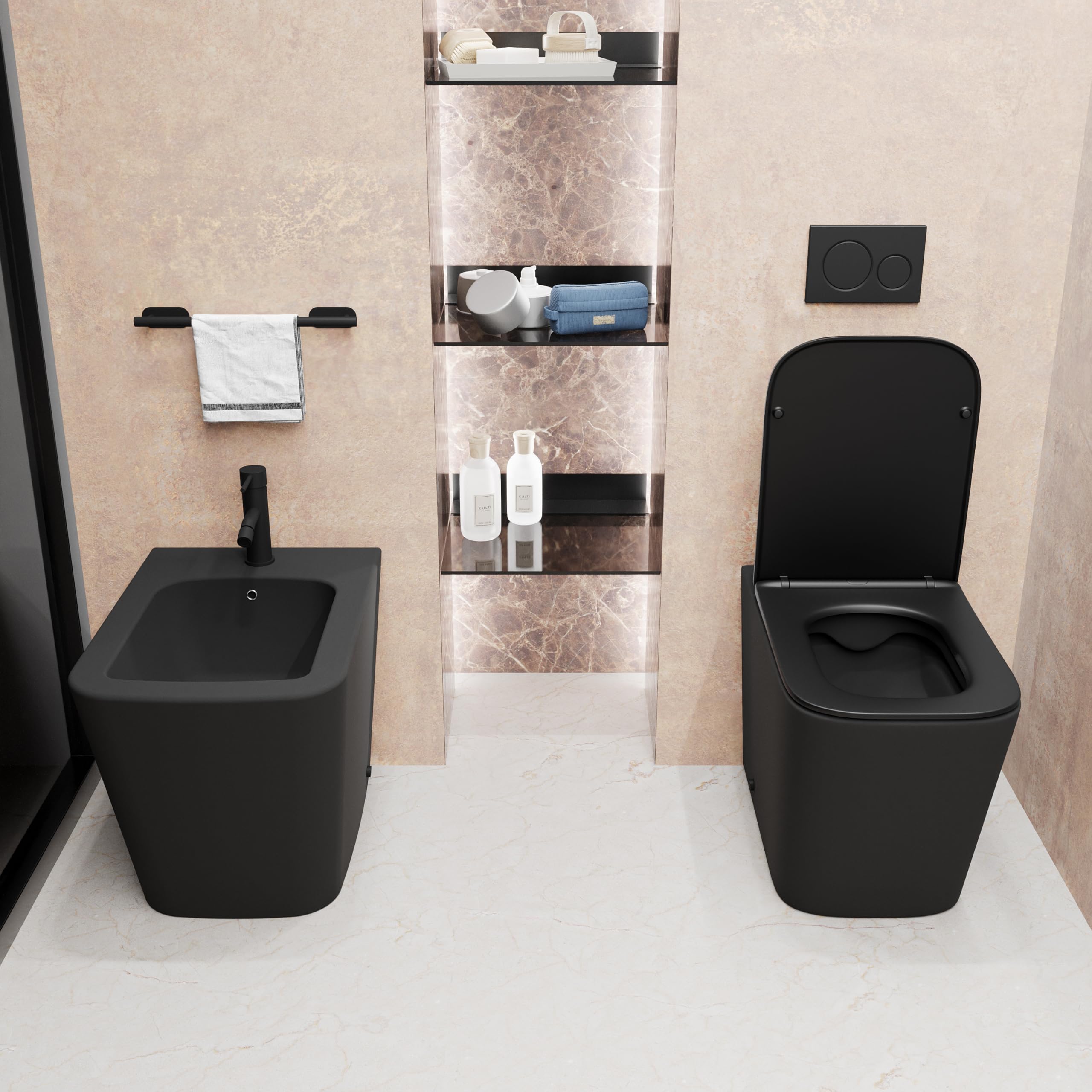 Sanitaires en céramique filomure noir mat cuve sans bordure bidet siège soft-close fermeture lente modèle Londra