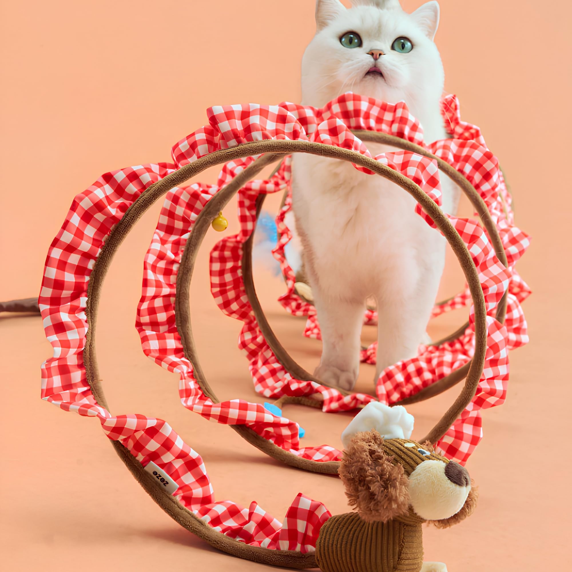 ZEZE Monica Tunnel à ressort pour chat avec herbe à chat et froissement, tube en spirale à 360°, pointe en plumes, cloche et jouet suspendu, ouverture de 28,9 cm, tunnel pliable pour chat d'intérieur