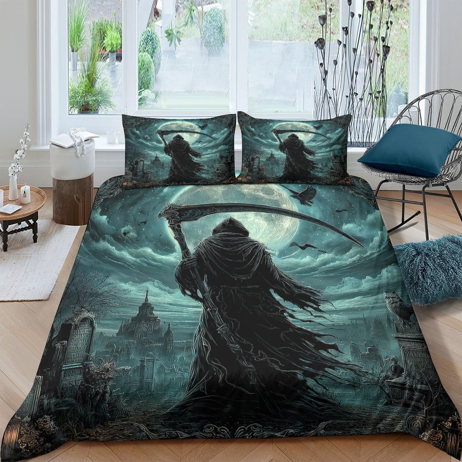 Ctjqhvkz Style-7 3D Printed Grim Reaper Fitted Sheet Microfiber Soft Black Gothic Skull Bed Cover For Bedroom Dorm Mattress Protection Decor Single（135X200cm）