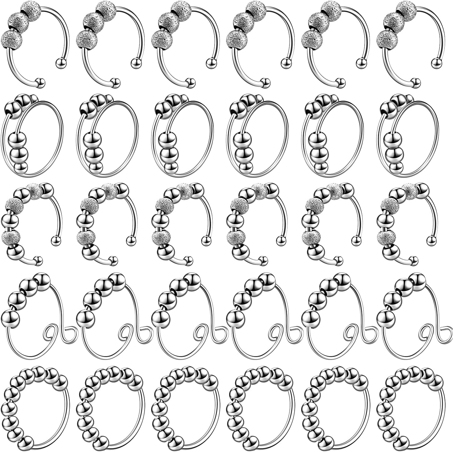 Yinkin 30 Pcs Anxiety Fidget Ring for Women Stainless Steel Adjustable Fidget Spinner Ring with Beads for Men Adults Stress Relief(Silver)
