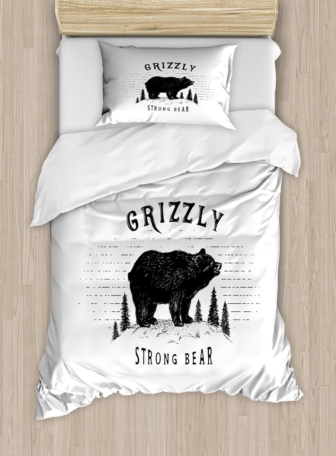 Ambesonne Bear Duvet Cover Set, Strong Grizzly Bear in The Forest Vintage Grunge Look Life in The Mountains Theme, Decorative 2 Piece Bedding Set with 1 Pillow Sham, Twin Size, White Black Twin White Black