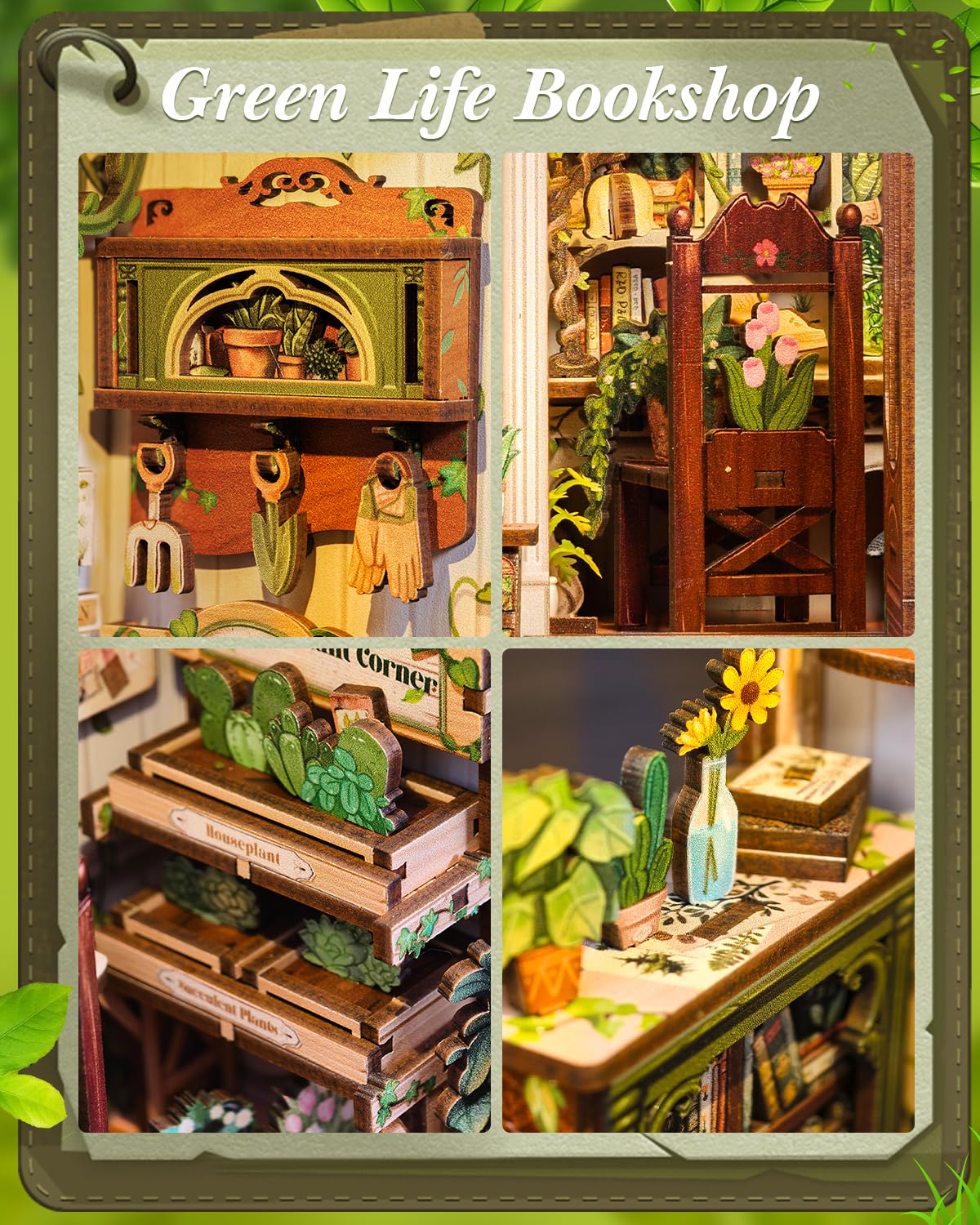 Cutefun Book Nook Kit - DIY Puppenhaus Miniatur Bausatz für Erwachsene, 3D-Holzpuzzles Bastelgeschenke für Frauen und Bücherliebhaber (Green Life Bookshop)
